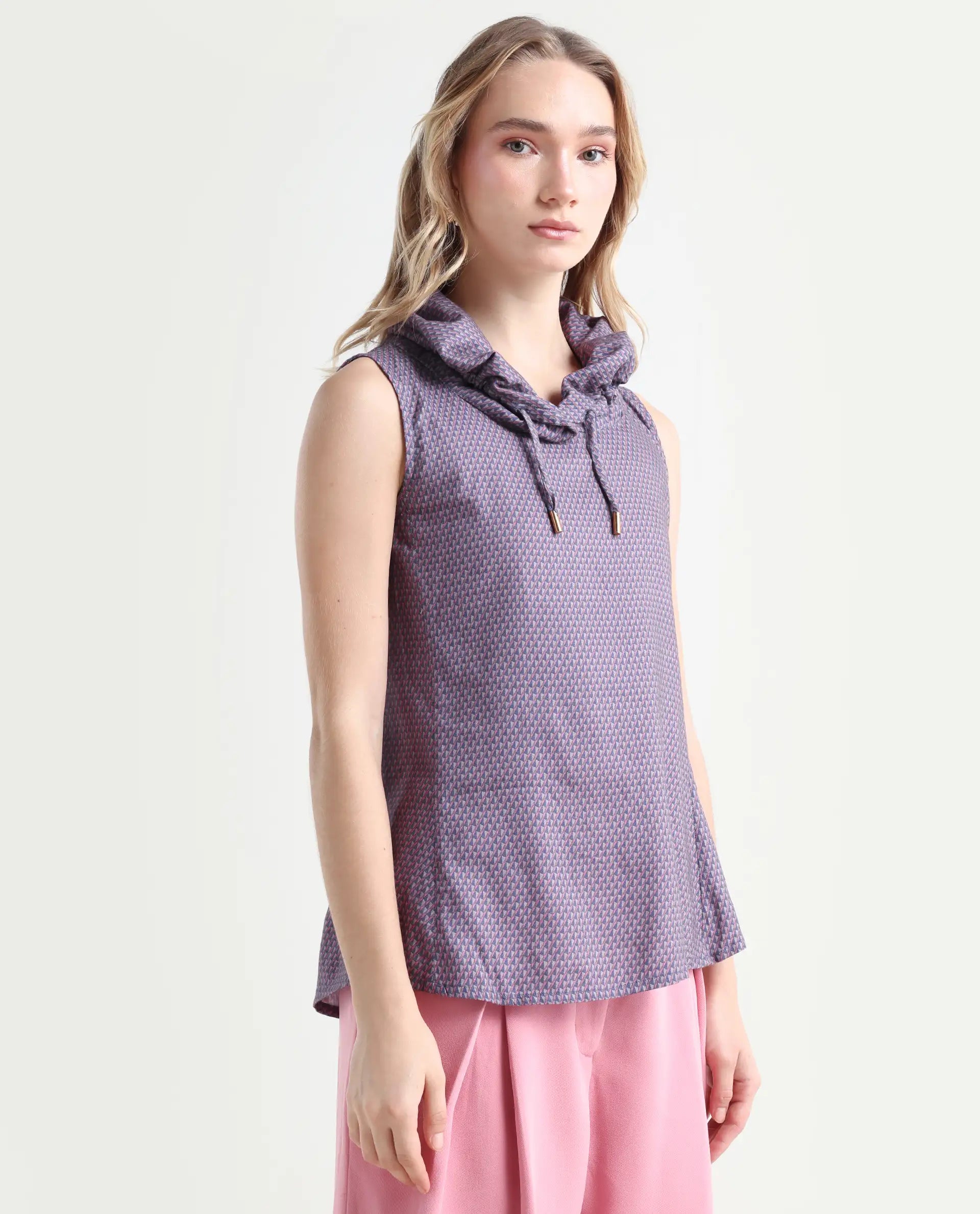 Rareism Women's Apron Grey Cotton Cowl Neck Geometric Print Top