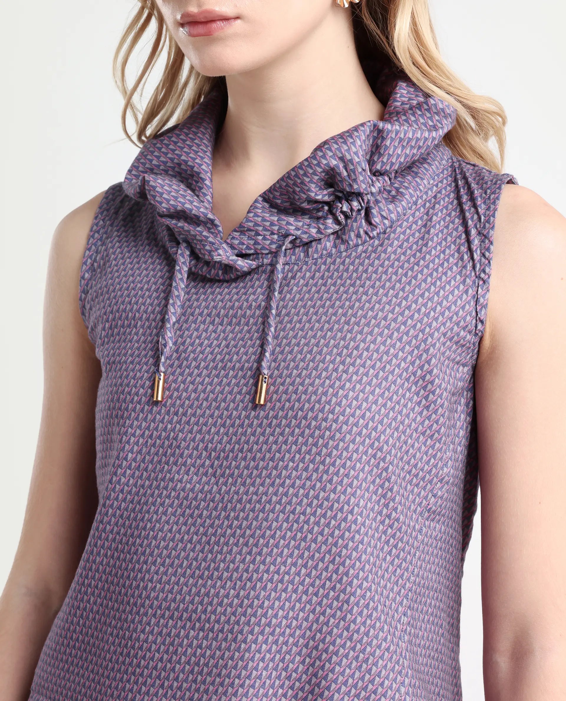 Rareism Women's Apron Grey Cotton Cowl Neck Geometric Print Top