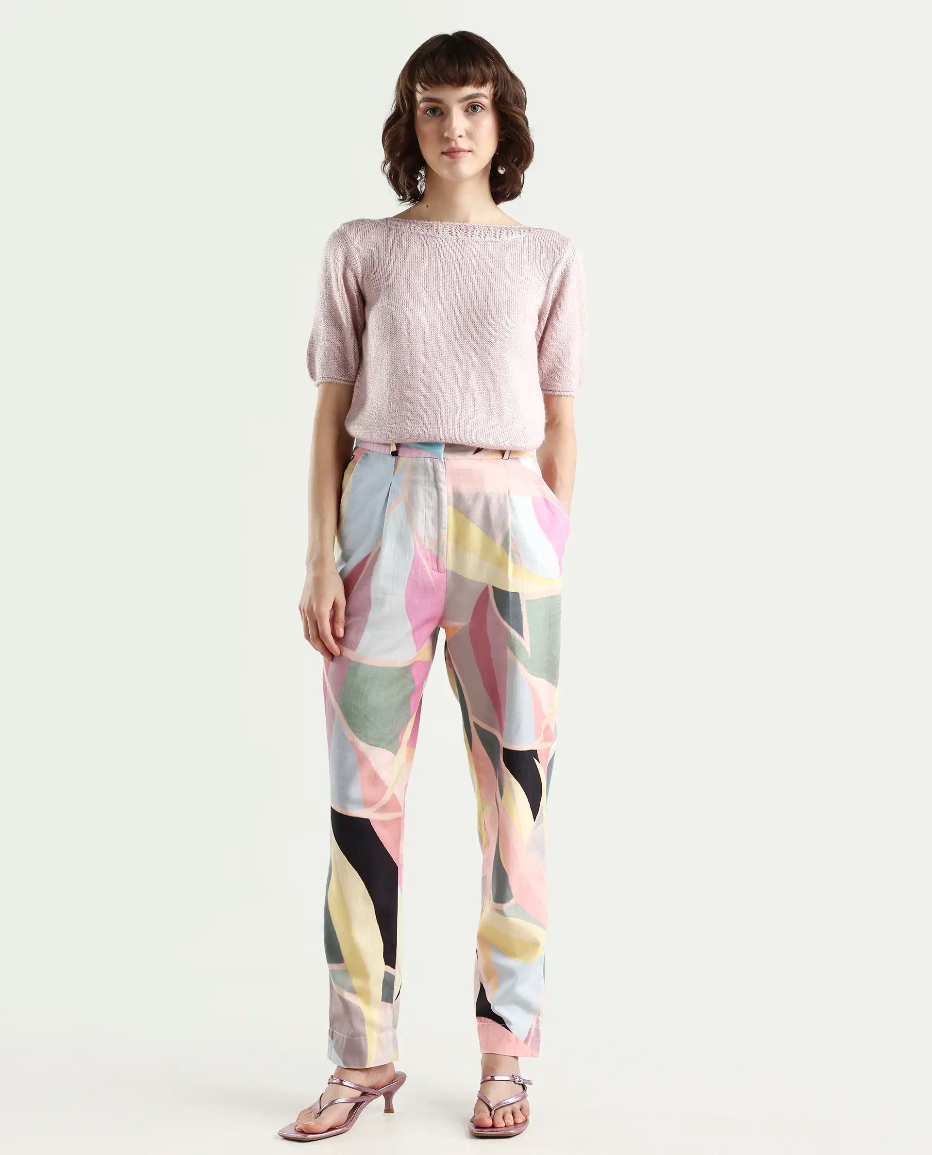 Rareism Women's Nickle Pink Cotton Abstract Print Ankle Length Tailored Trouser