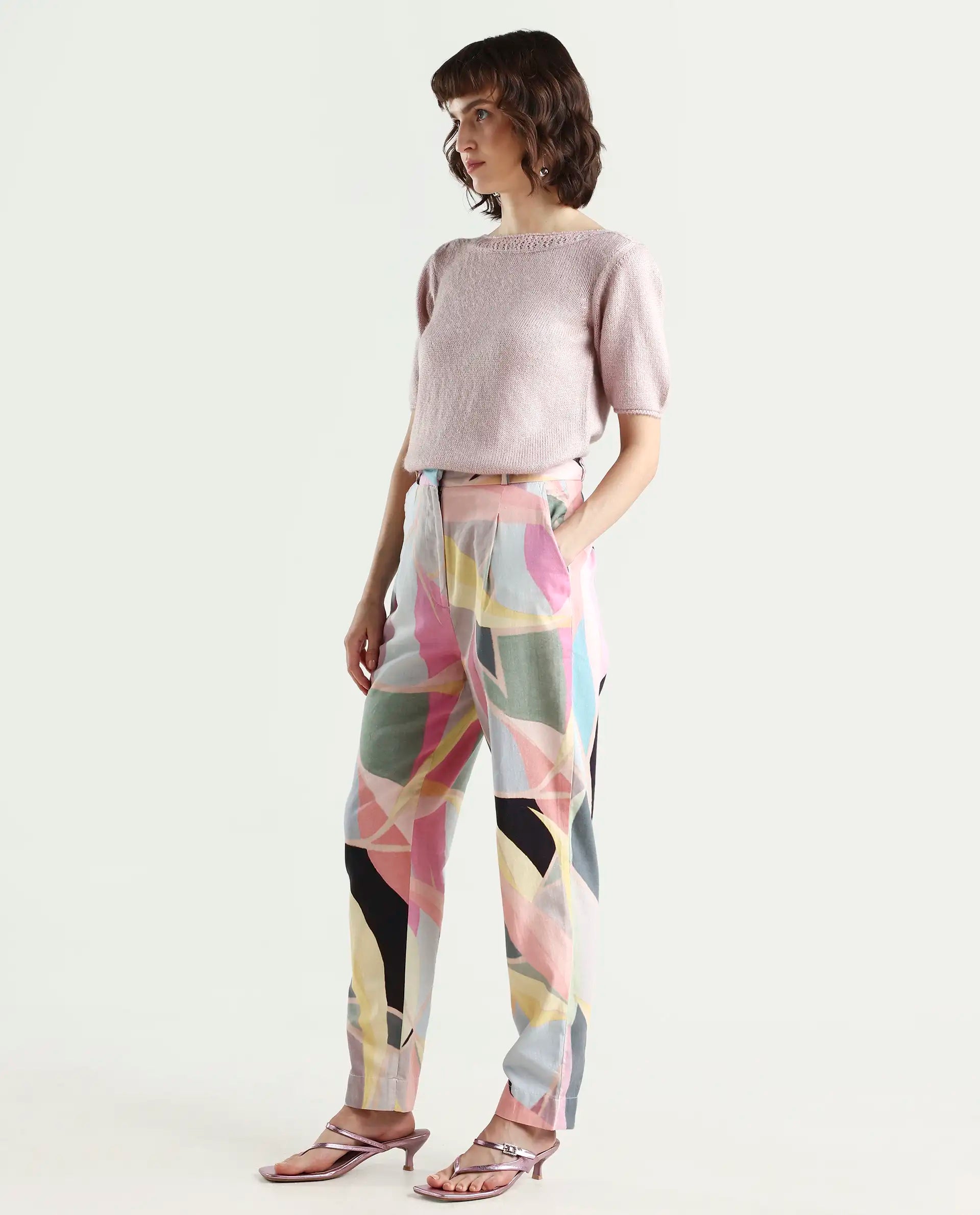 Rareism Women's Nickle Pink Cotton Abstract Print Ankle Length Tailored Trouser