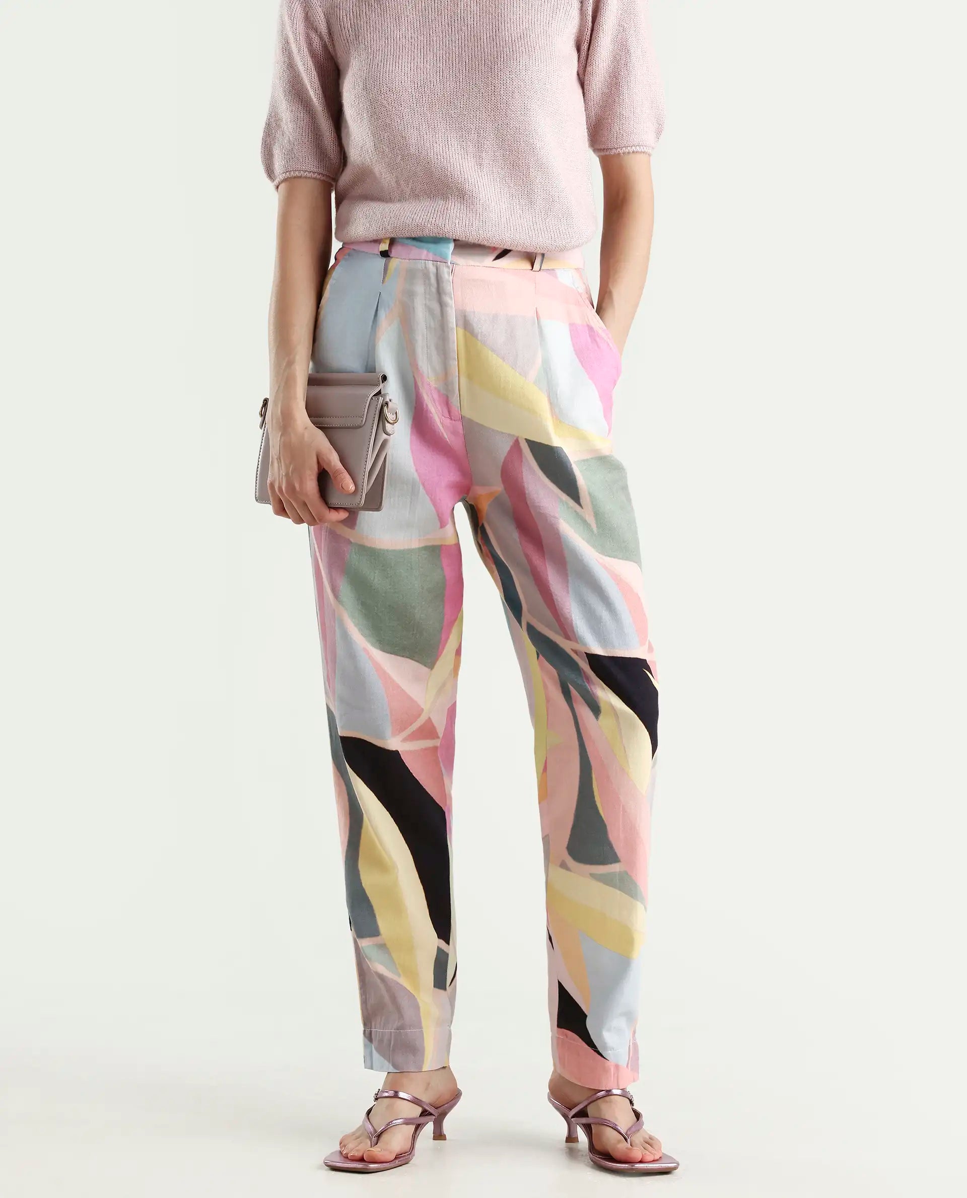 Rareism Women's Nickle Pink Cotton Abstract Print Ankle Length Tailored Trouser