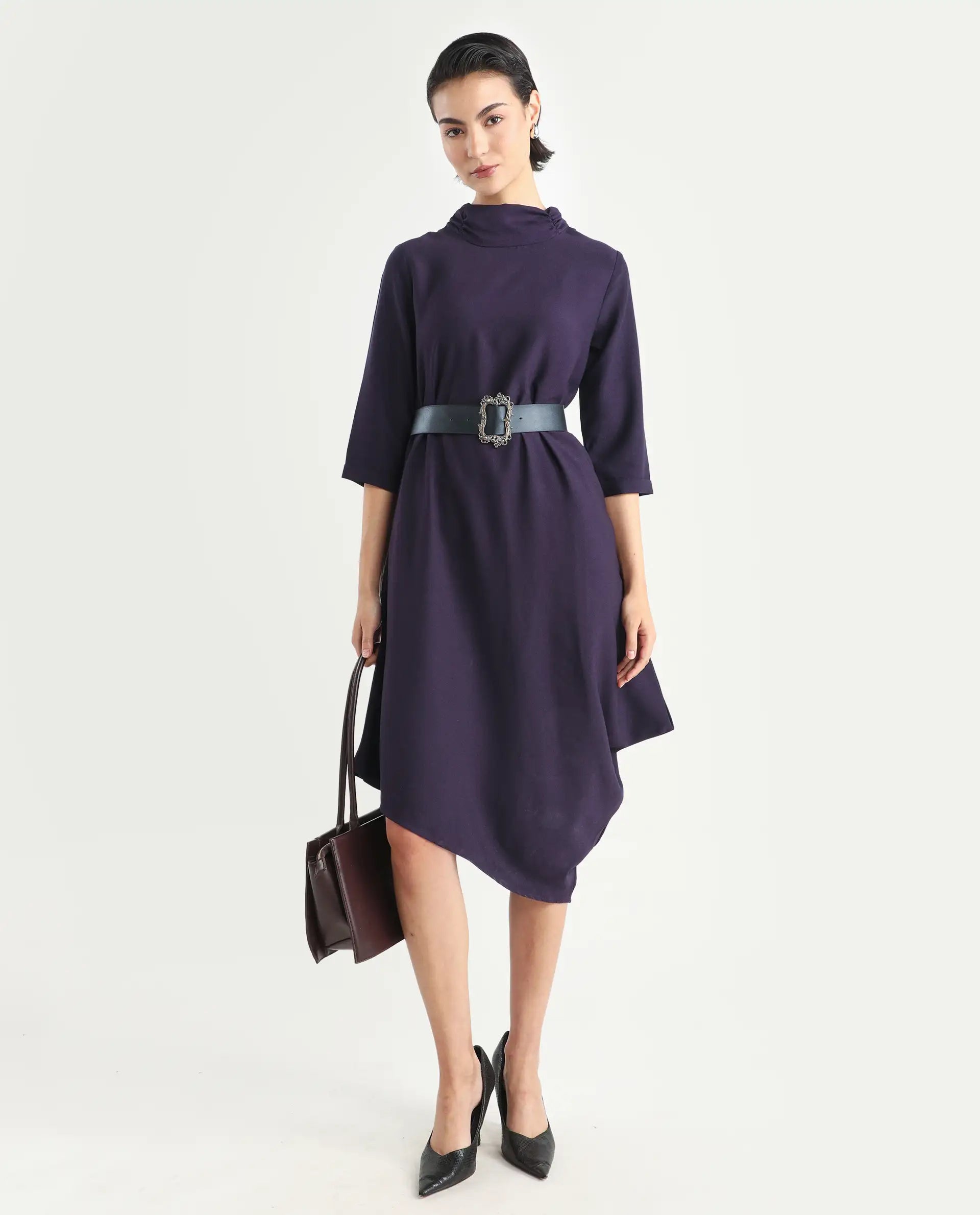 Rareism Women's Sullivan Purple Polyester High Neck Plain Knee Length Regular Fit Dress