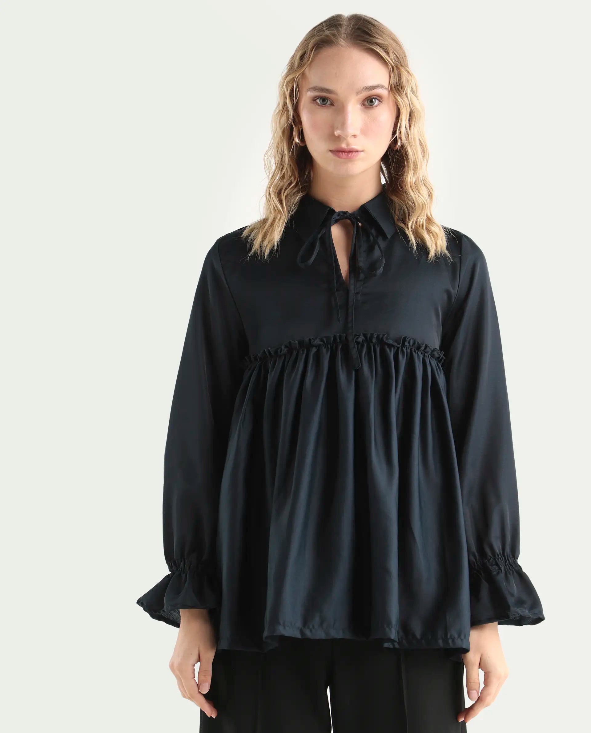 Rareism Women's Poet Petrol Polyester Tie-Up Neck Plain Ruffled Sleeve Relaxed Fit Top