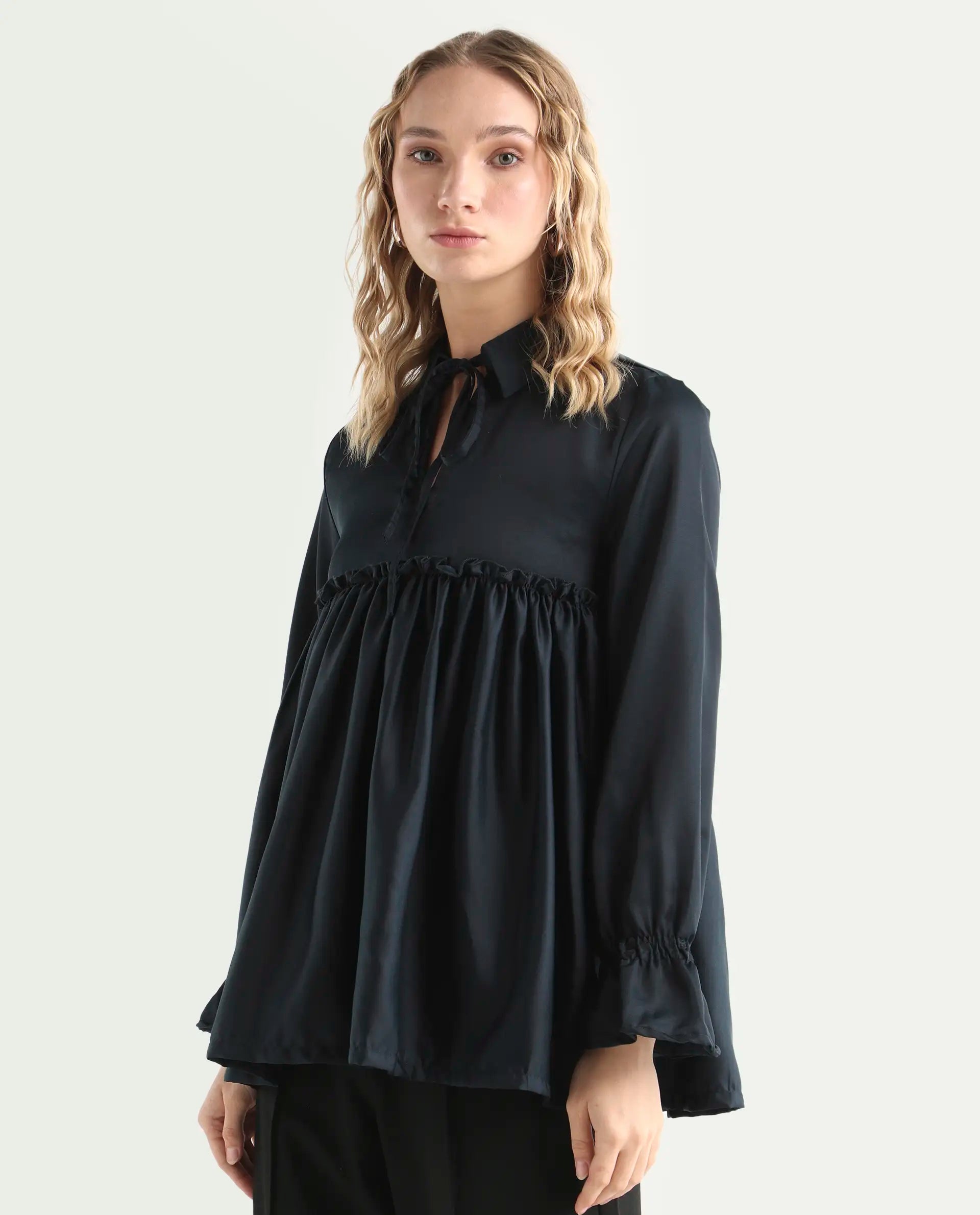 Rareism Women's Poet Petrol Polyester Tie-Up Neck Plain Ruffled Sleeve Relaxed Fit Top