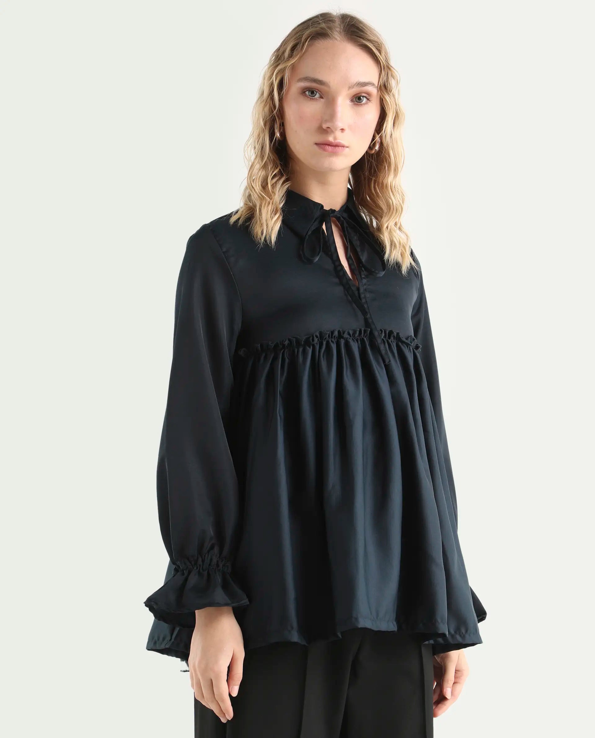 Rareism Women's Poet Petrol Polyester Tie-Up Neck Plain Ruffled Sleeve Relaxed Fit Top