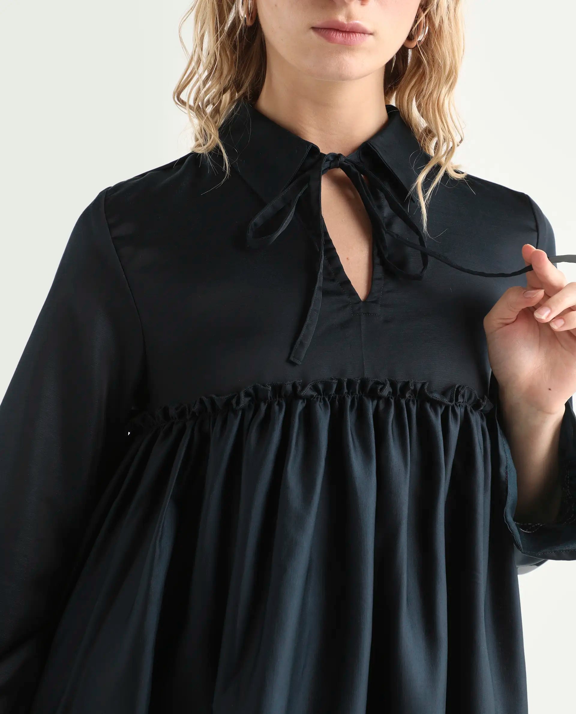 Rareism Women's Poet Petrol Polyester Tie-Up Neck Plain Ruffled Sleeve Relaxed Fit Top