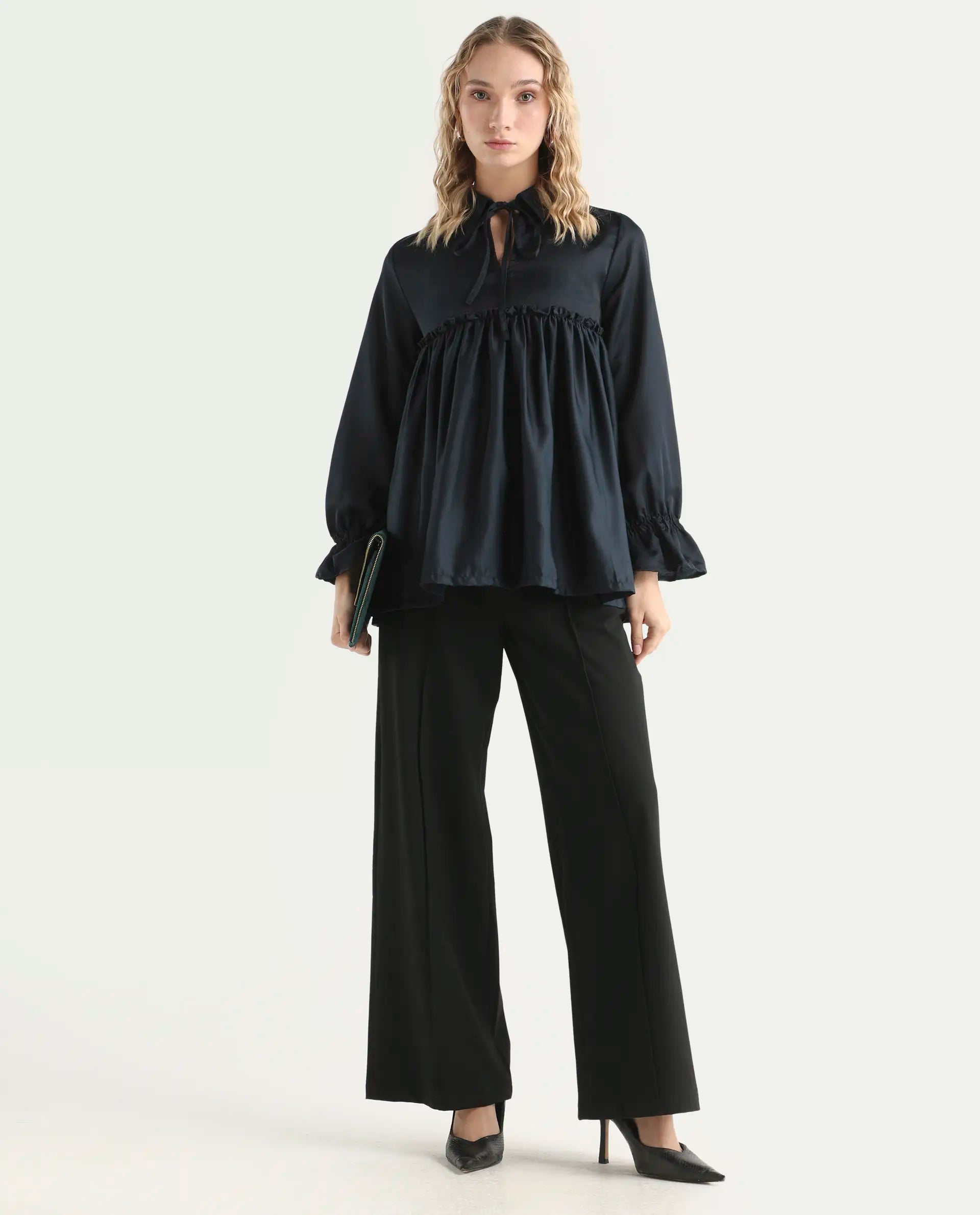 Rareism Women's Poet Petrol Polyester Tie-Up Neck Plain Ruffled Sleeve Relaxed Fit Top