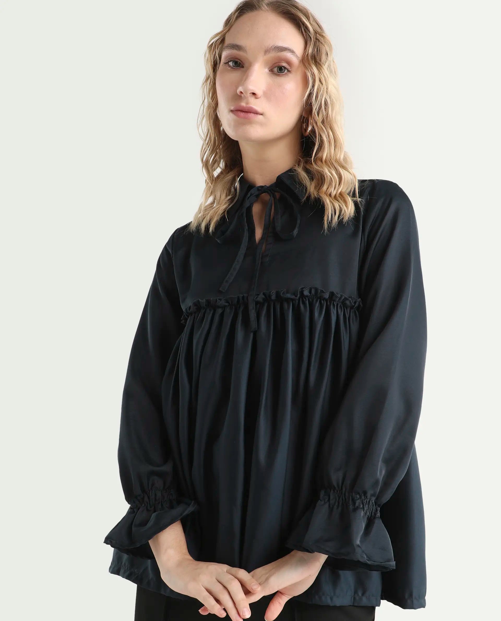 Rareism Women's Poet Petrol Polyester Tie-Up Neck Plain Ruffled Sleeve Relaxed Fit Top