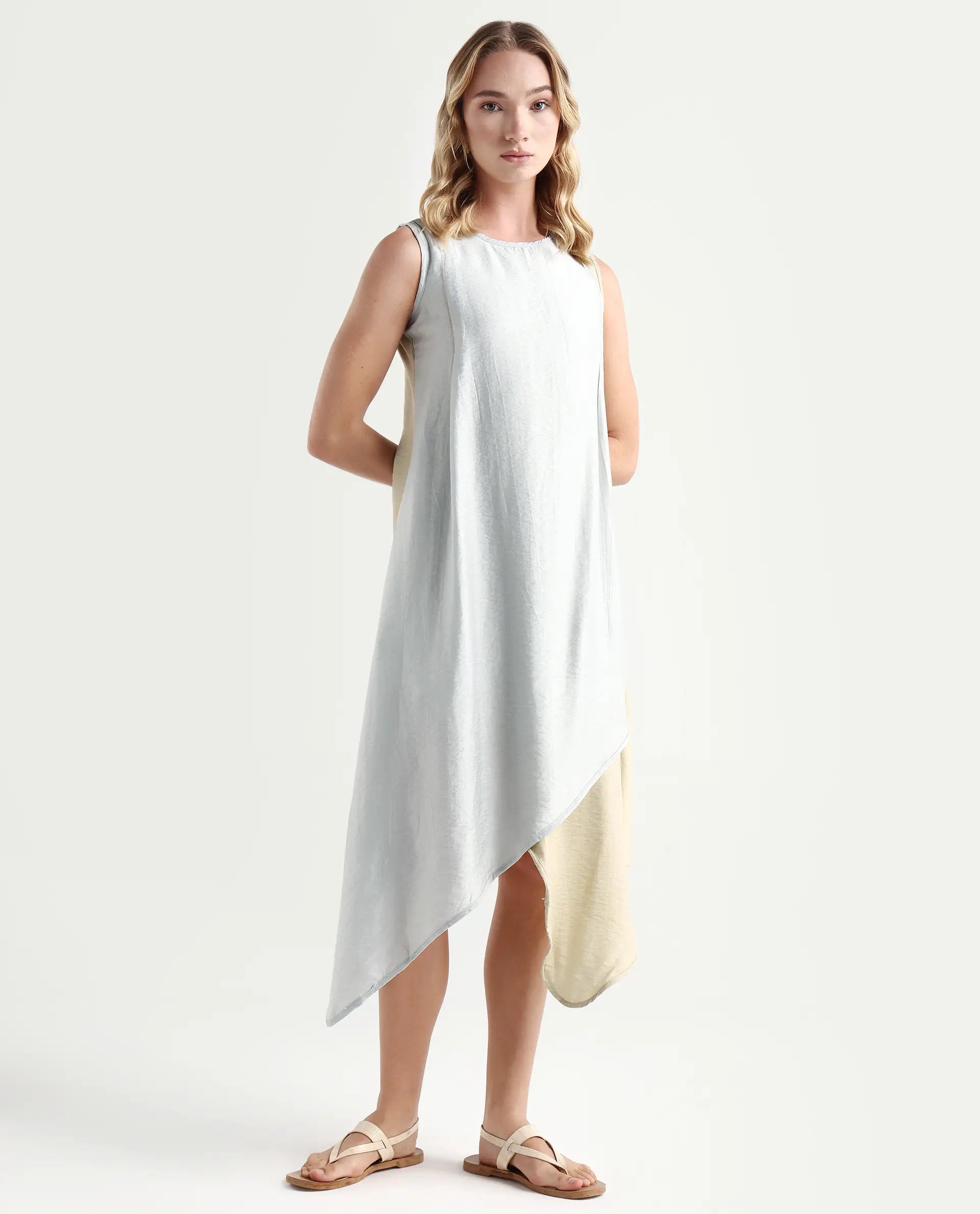 Rareism Women's Xavier Blue Boat Neck Plain Sleeveless Knee Length Regular Fit Dress