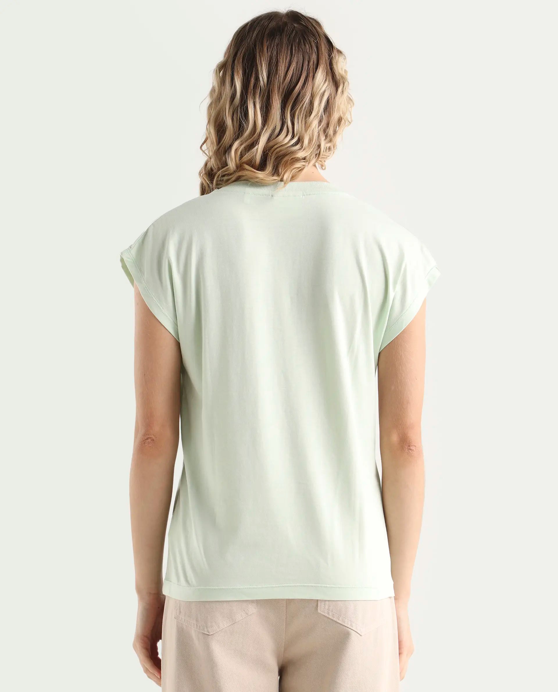 Rareism Women's Debra Green Cotton Crew Neck Plain Regular Fit T-Shirt