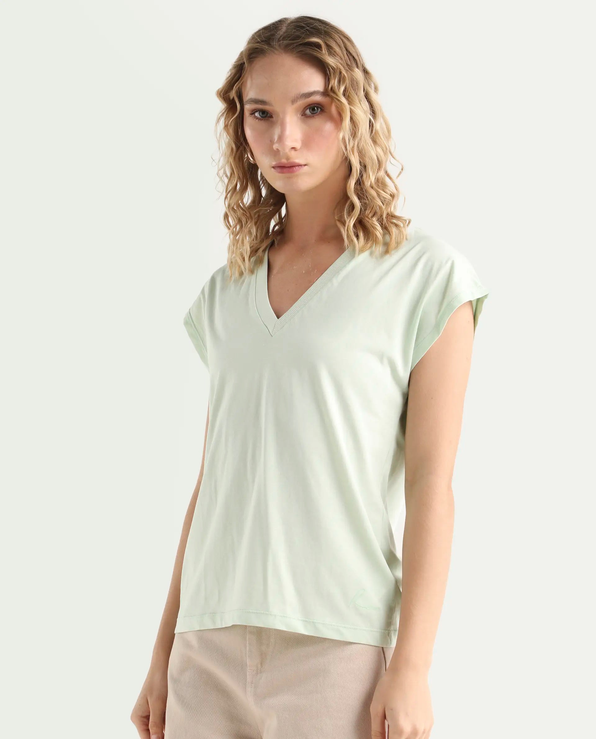 Rareism Women's Debra Green Cotton Crew Neck Plain Regular Fit T-Shirt