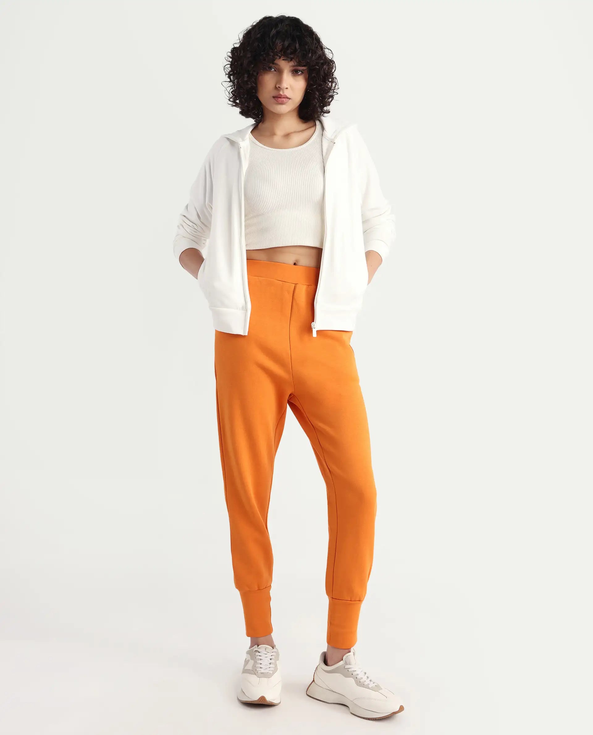 Rareism Women's Simp-1 Orange Polyester Blend Plain Ankle Length Tailored Track Pant