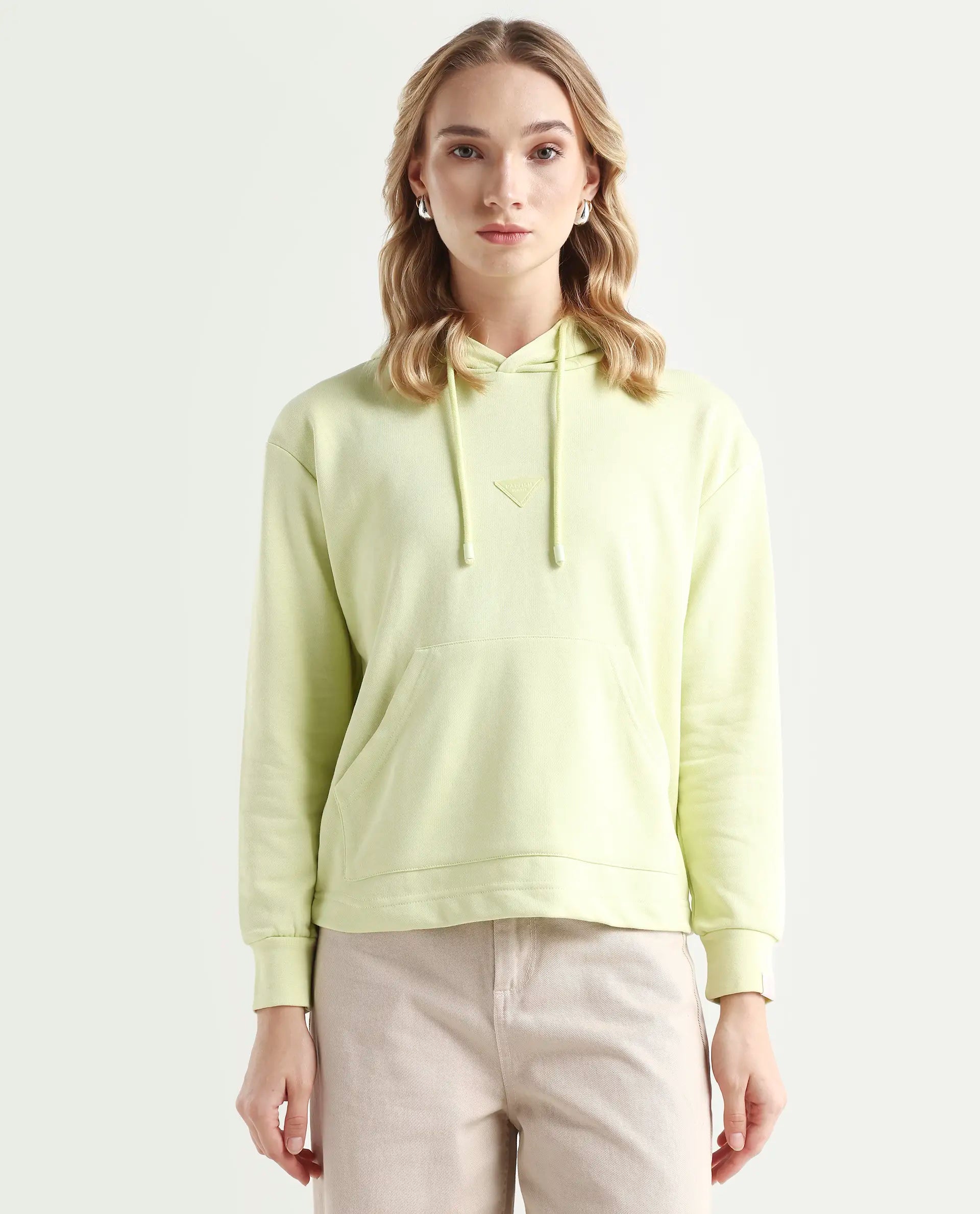 Rareism Women's Wally-1 Green Cotton Blend Hooded Plain Relaxed Fit Sweatshirt