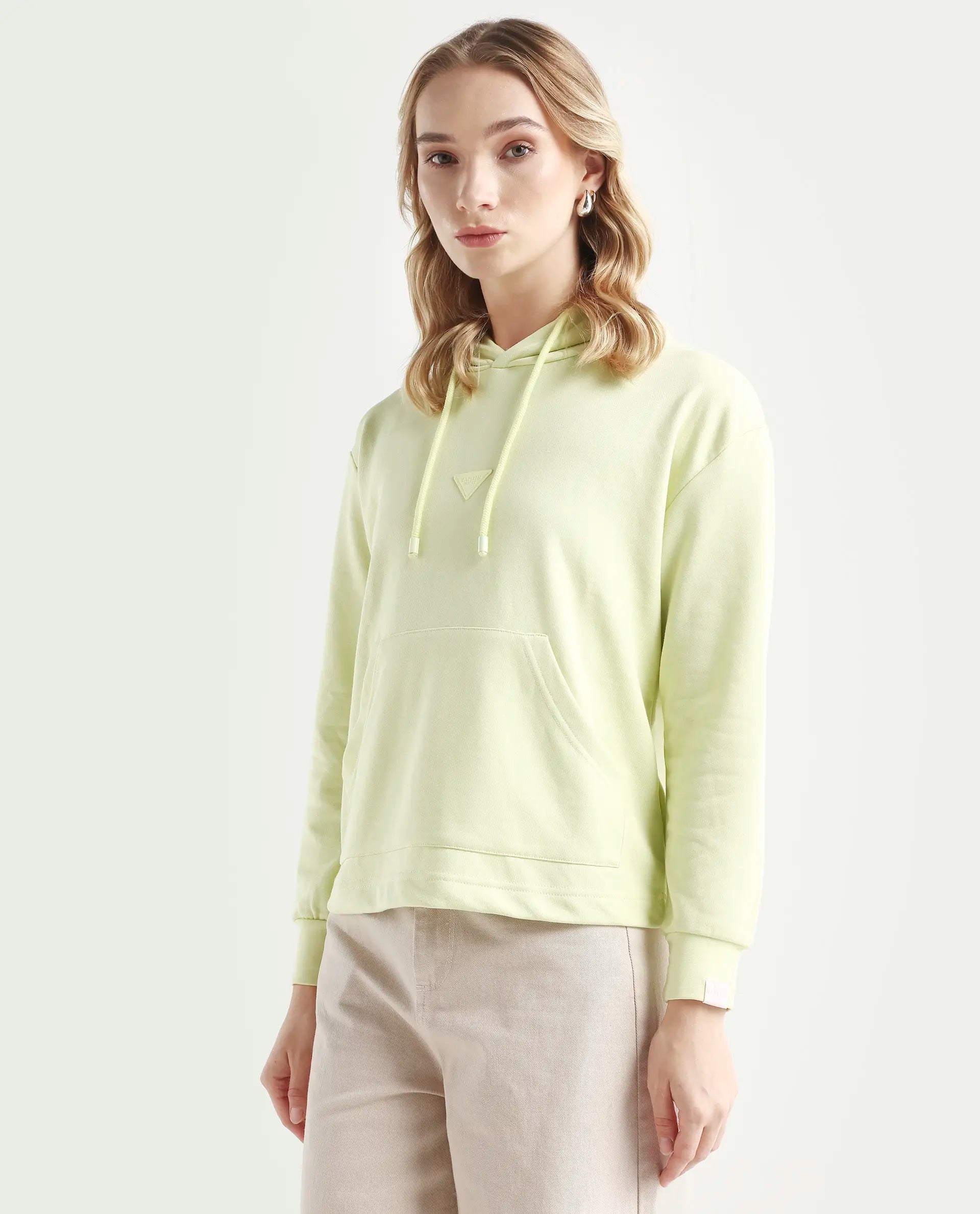 Rareism Women's Wally-1 Green Cotton Blend Hooded Plain Relaxed Fit Sweatshirt