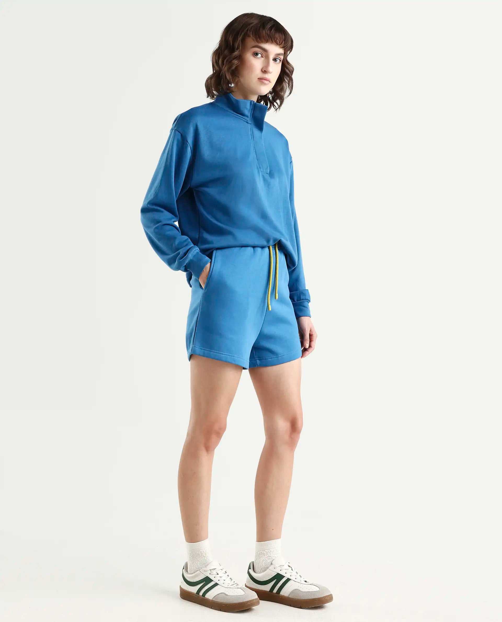 Rareism Women's Spence-1 Blue Polyester Blend Plain Mini Regular Fit Shorts