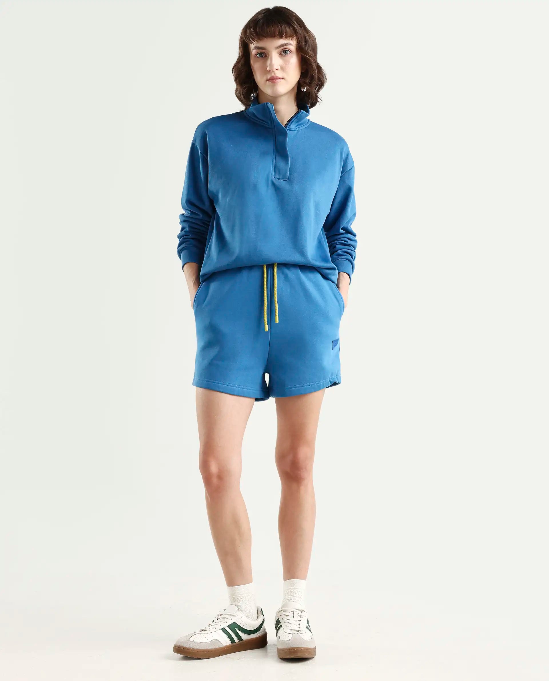 Rareism Women's Spence-1 Blue Polyester Blend Plain Mini Regular Fit Shorts