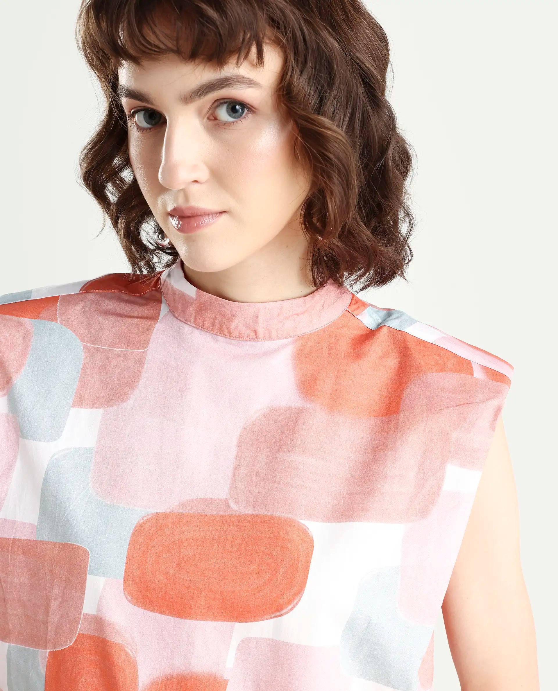 Rareism Women's Diegon Peach High Neck Abstract Print Sleeveless Regular Fit Top