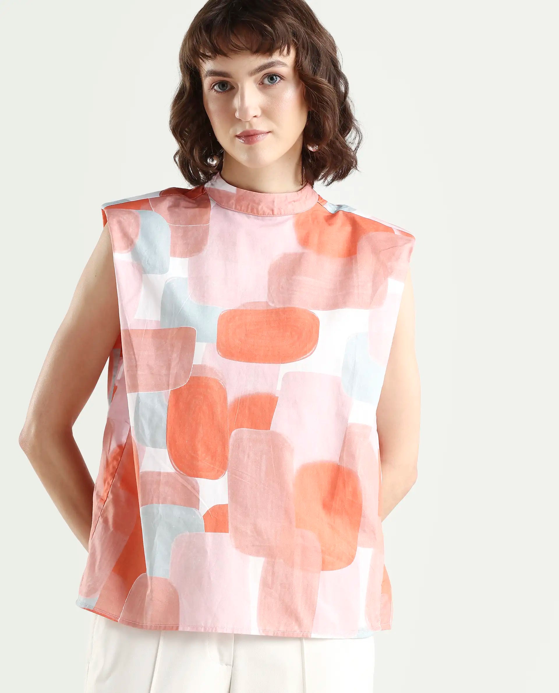 Rareism Women's Diegon Peach High Neck Abstract Print Sleeveless Regular Fit Top