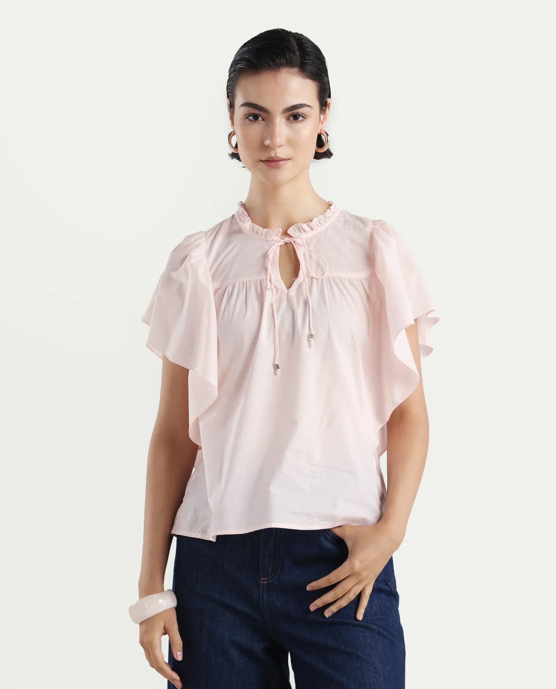 Rareism Women's Zues Pink Cotton Tie-Up Neck Plain Ruffled Sleeve Relaxed Fit Top