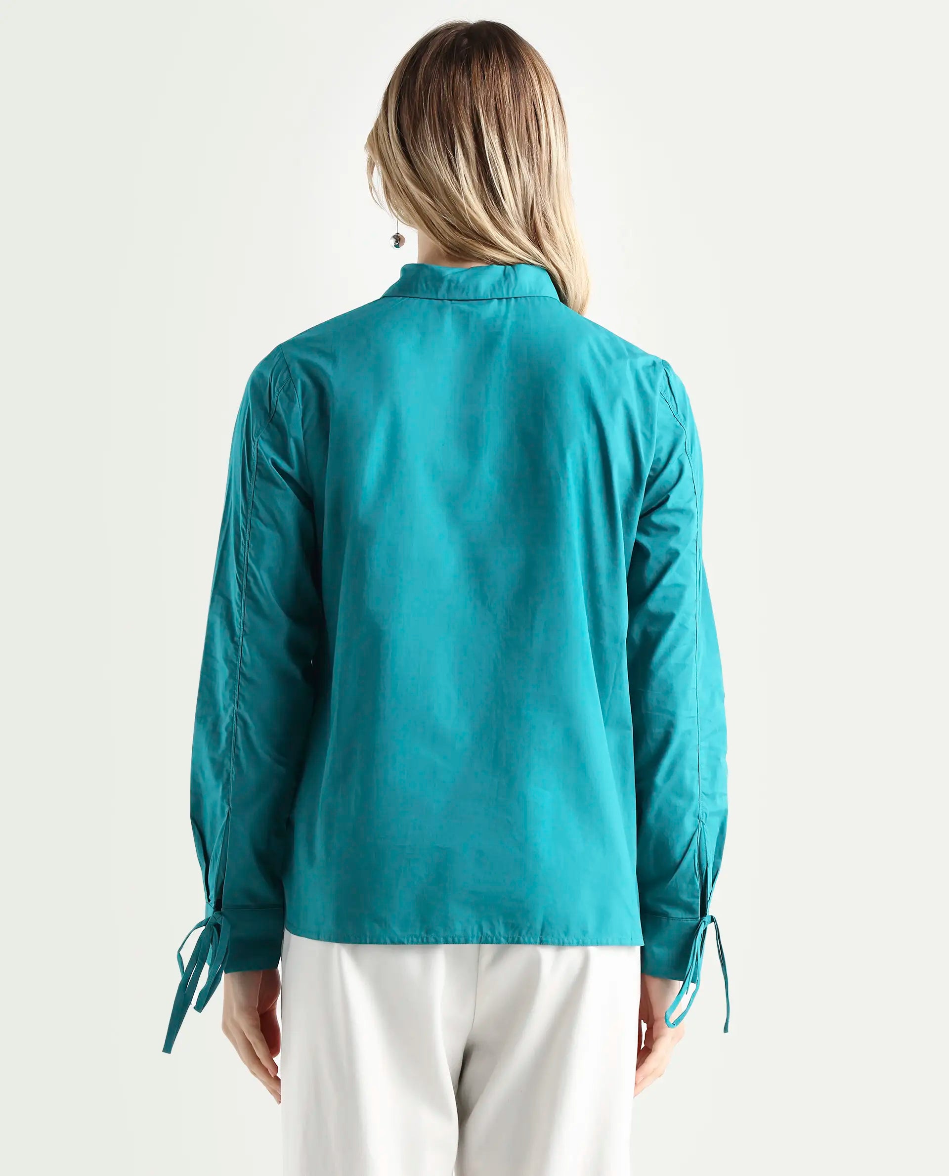 Rareism Women's Merge Petrol Cotton Spread Collar Plain Tailored Top