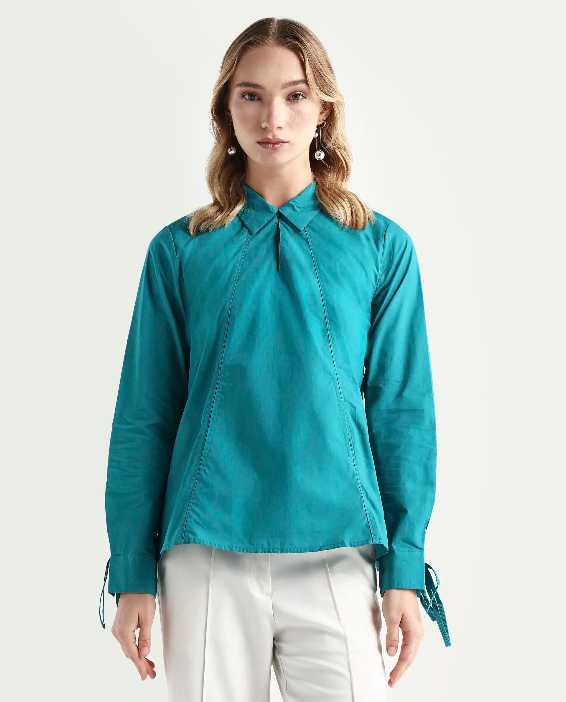 Rareism Women's Merge Petrol Cotton Spread Collar Plain Tailored Top