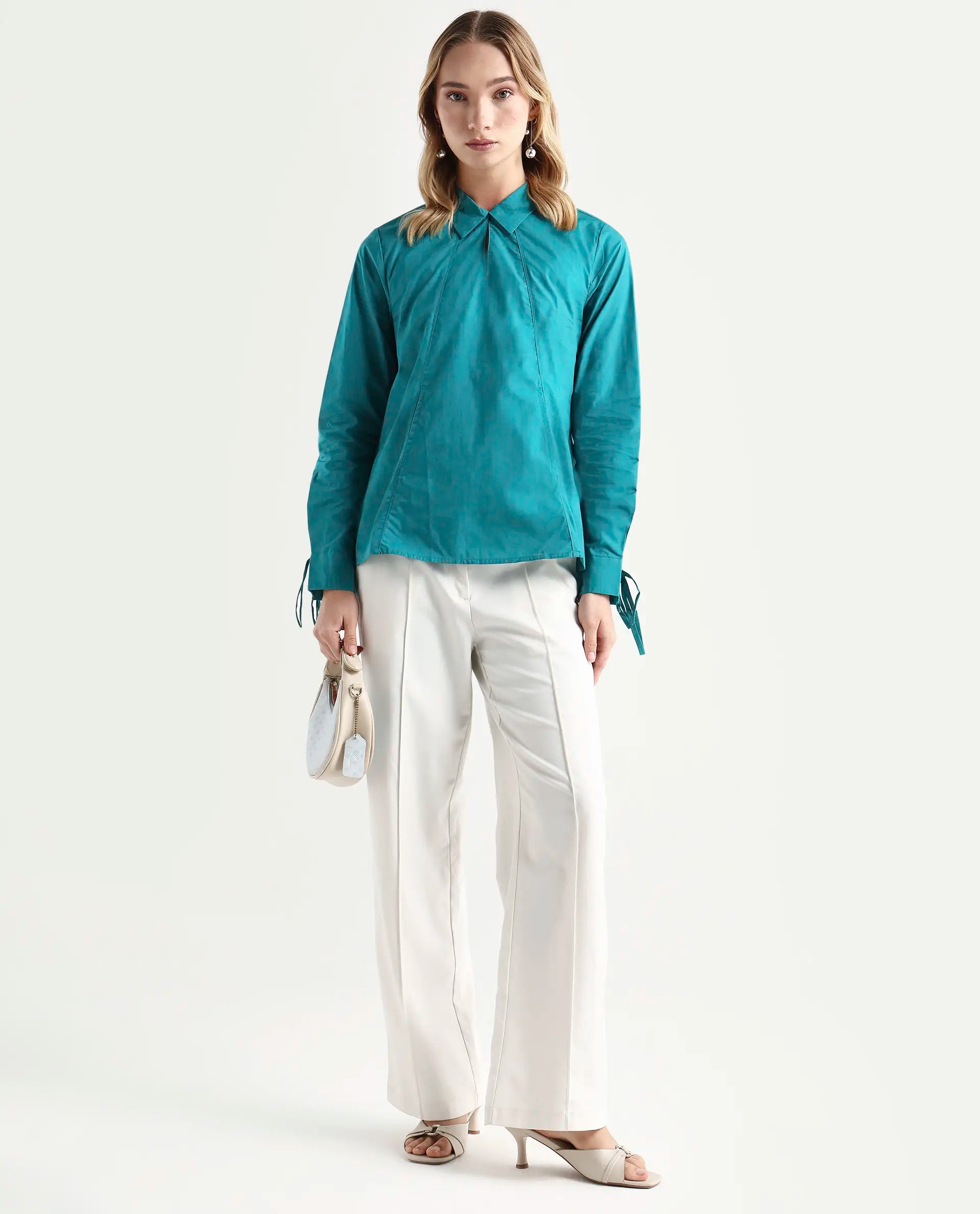 Rareism Women's Merge Petrol Cotton Spread Collar Plain Tailored Top