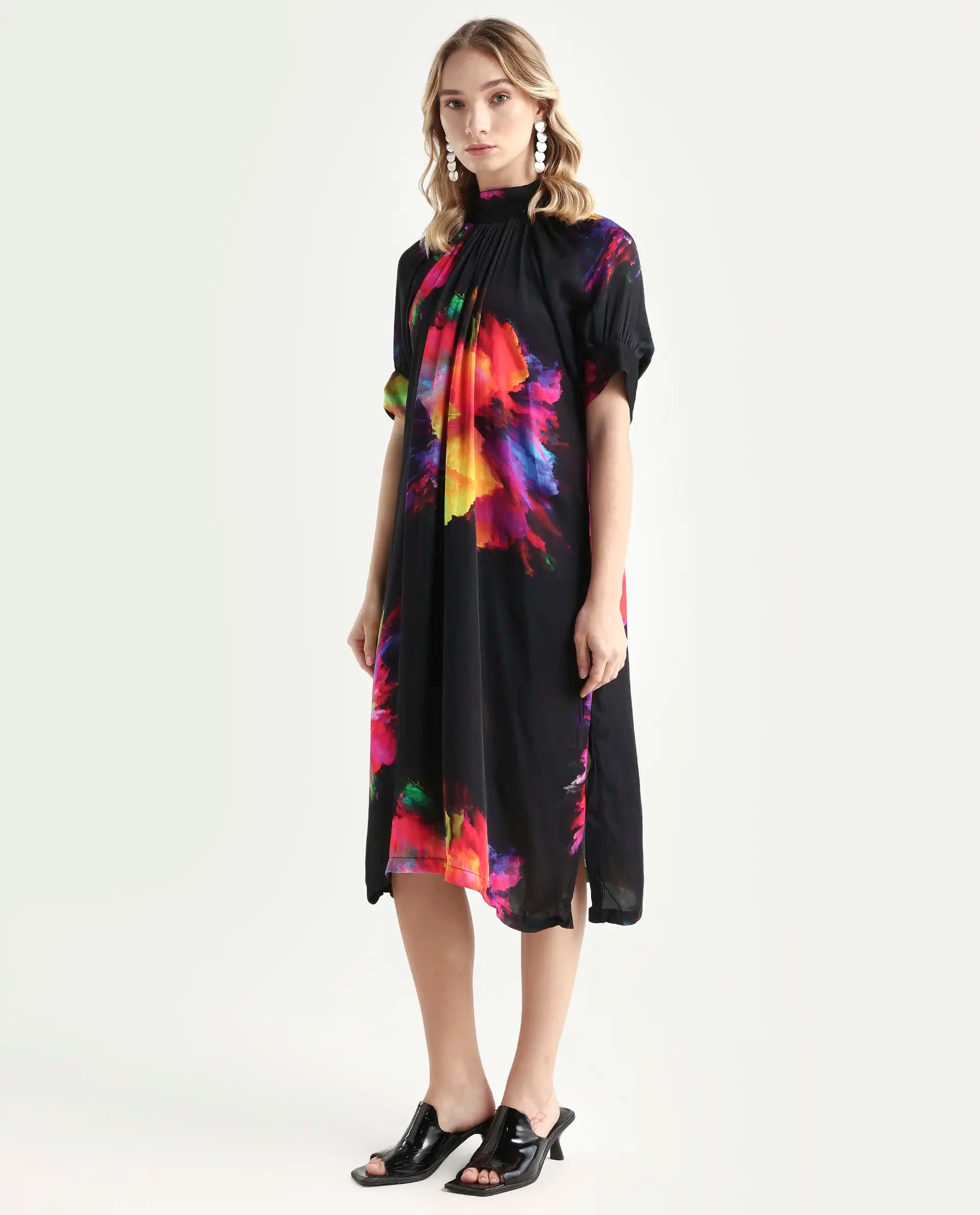 Rareism Women's Jovi Black Modal Blend High Neck Abstract Print Knee Length Regular Fit Dress