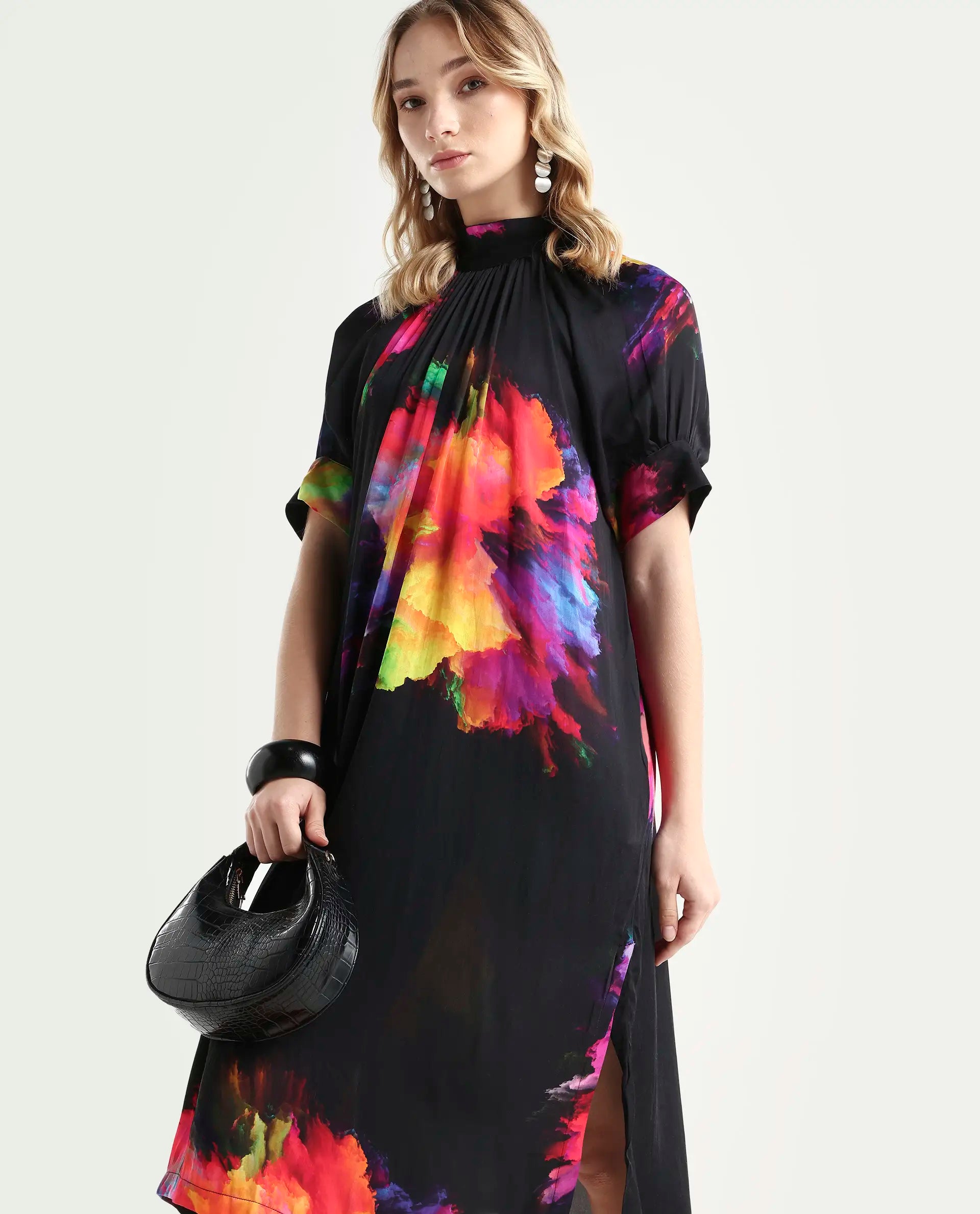 Rareism Women's Jovi Black Modal Blend High Neck Abstract Print Knee Length Regular Fit Dress