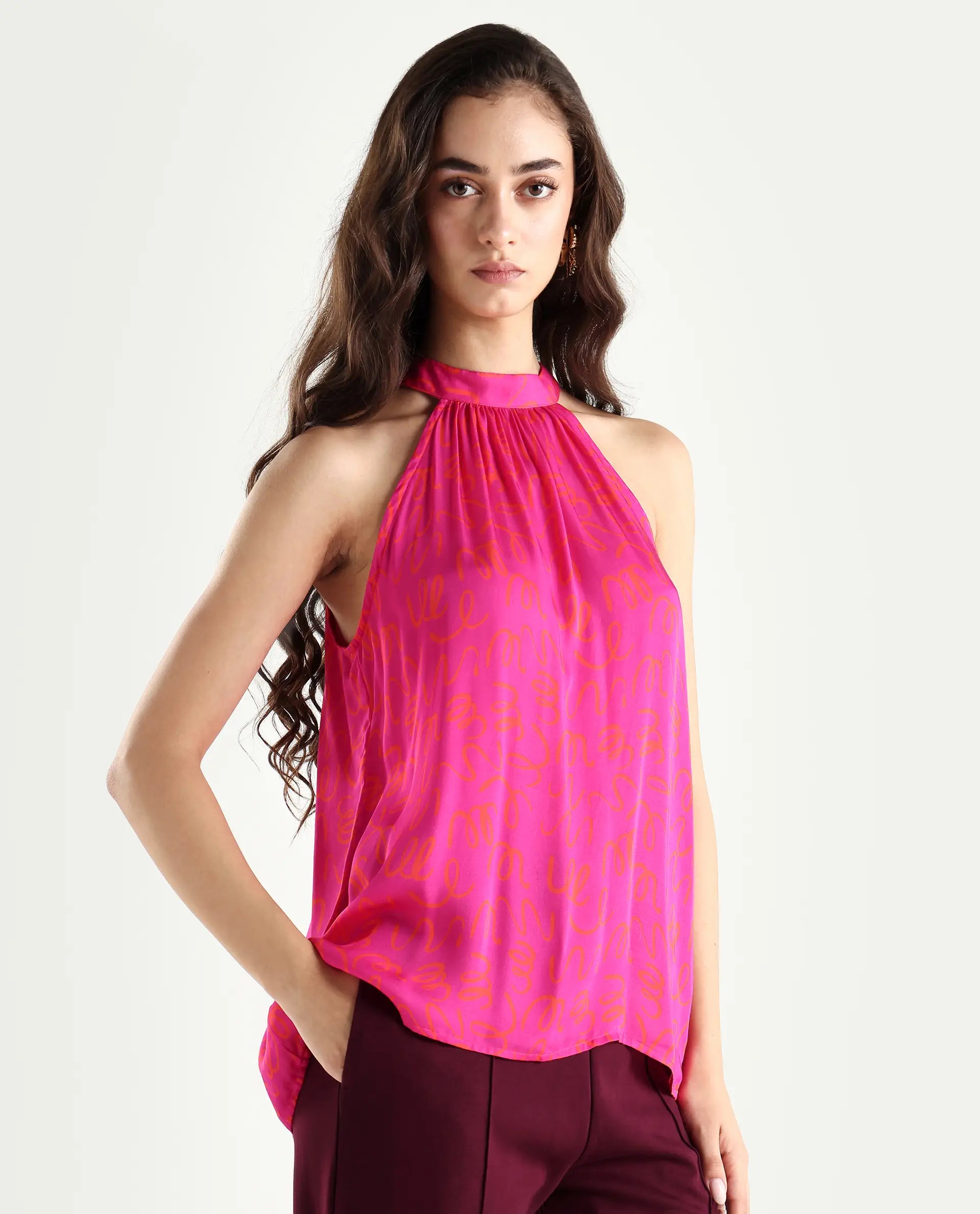 Rareism Women's Meet Pink Halter Neck Printed Sleeveless Knee Length Tailored Top