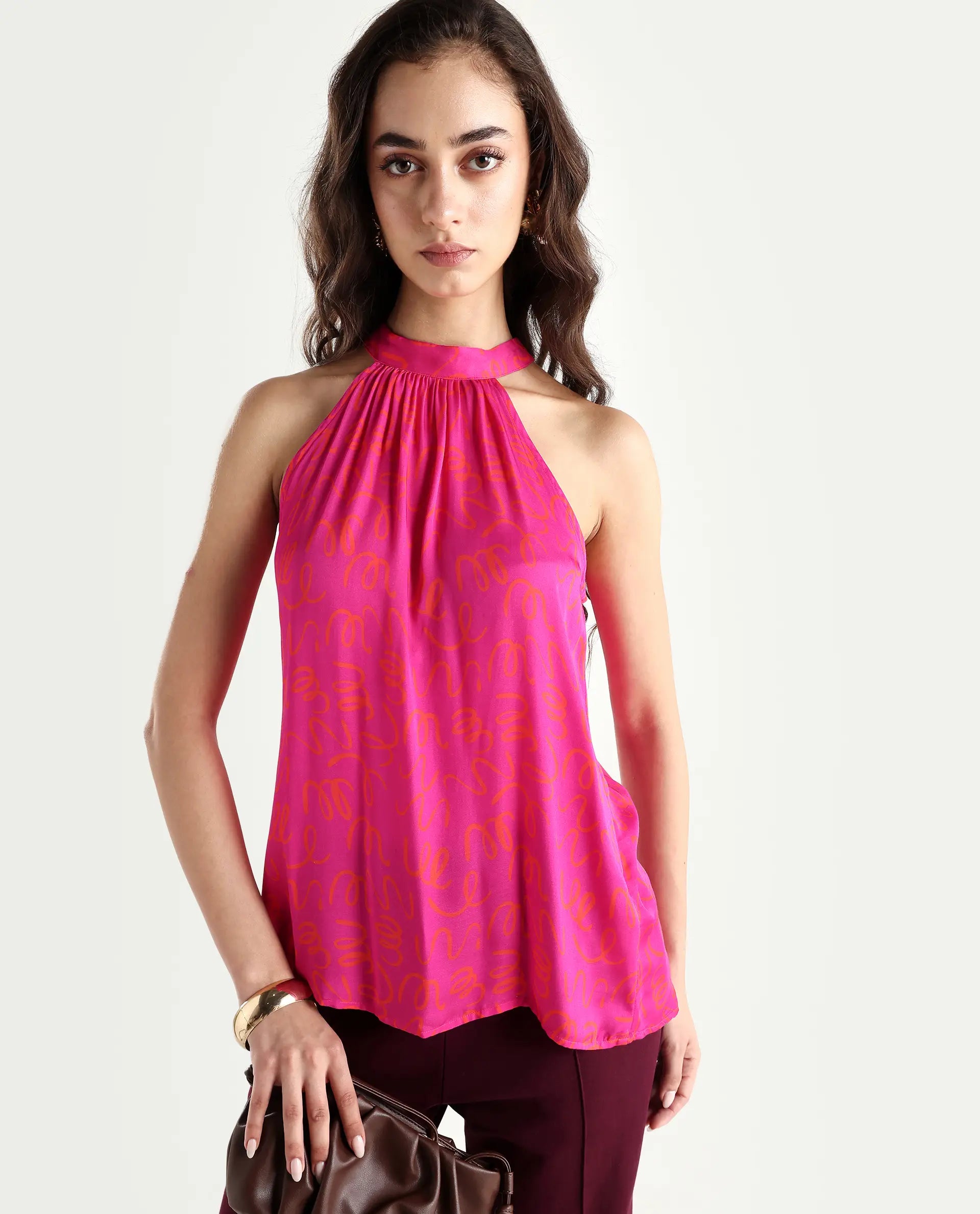 Rareism Women's Meet Pink Halter Neck Printed Sleeveless Knee Length Tailored Top