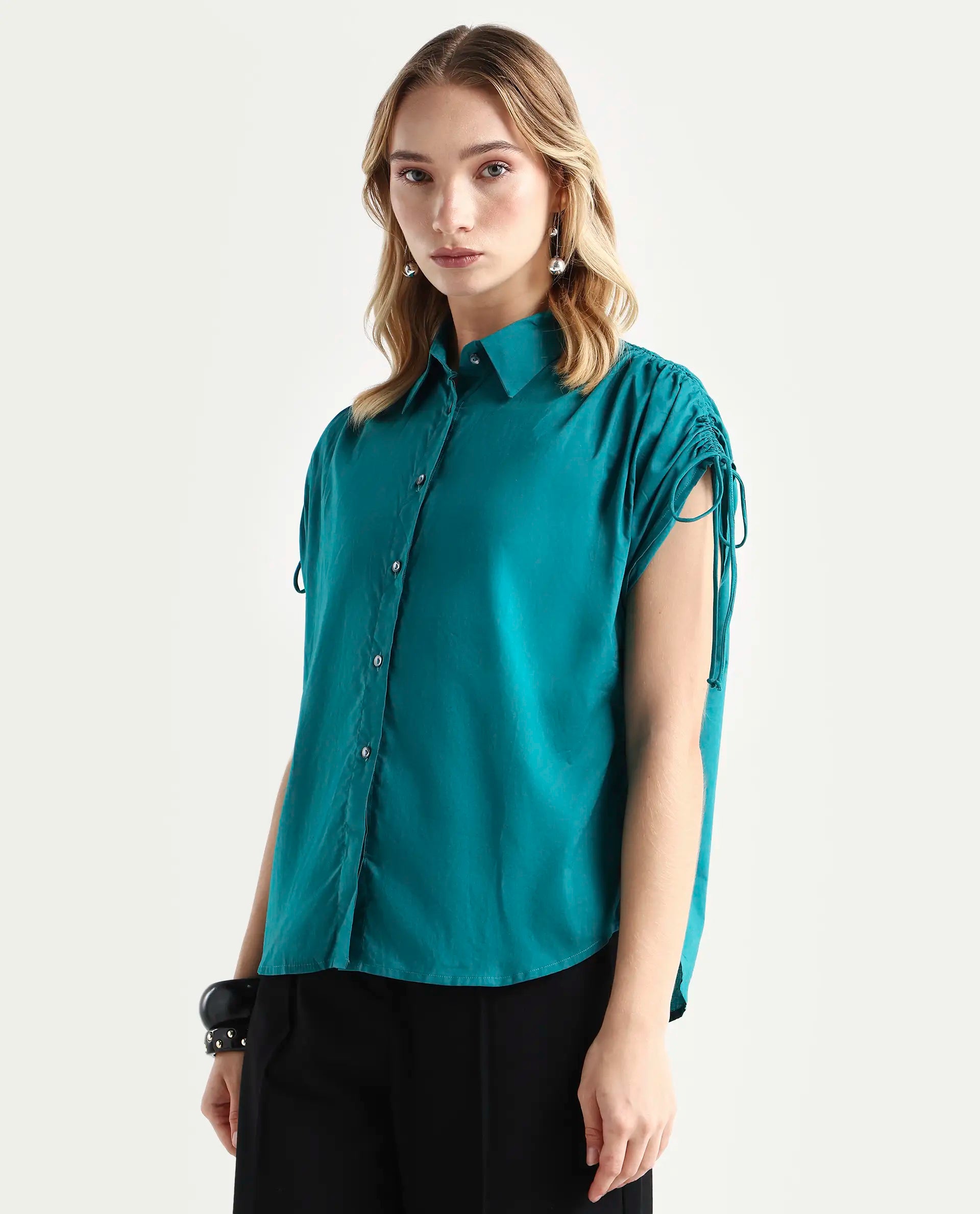 Rareism Women's Tamara Petrol Cotton Spread Collar Plain Regular Fit Top