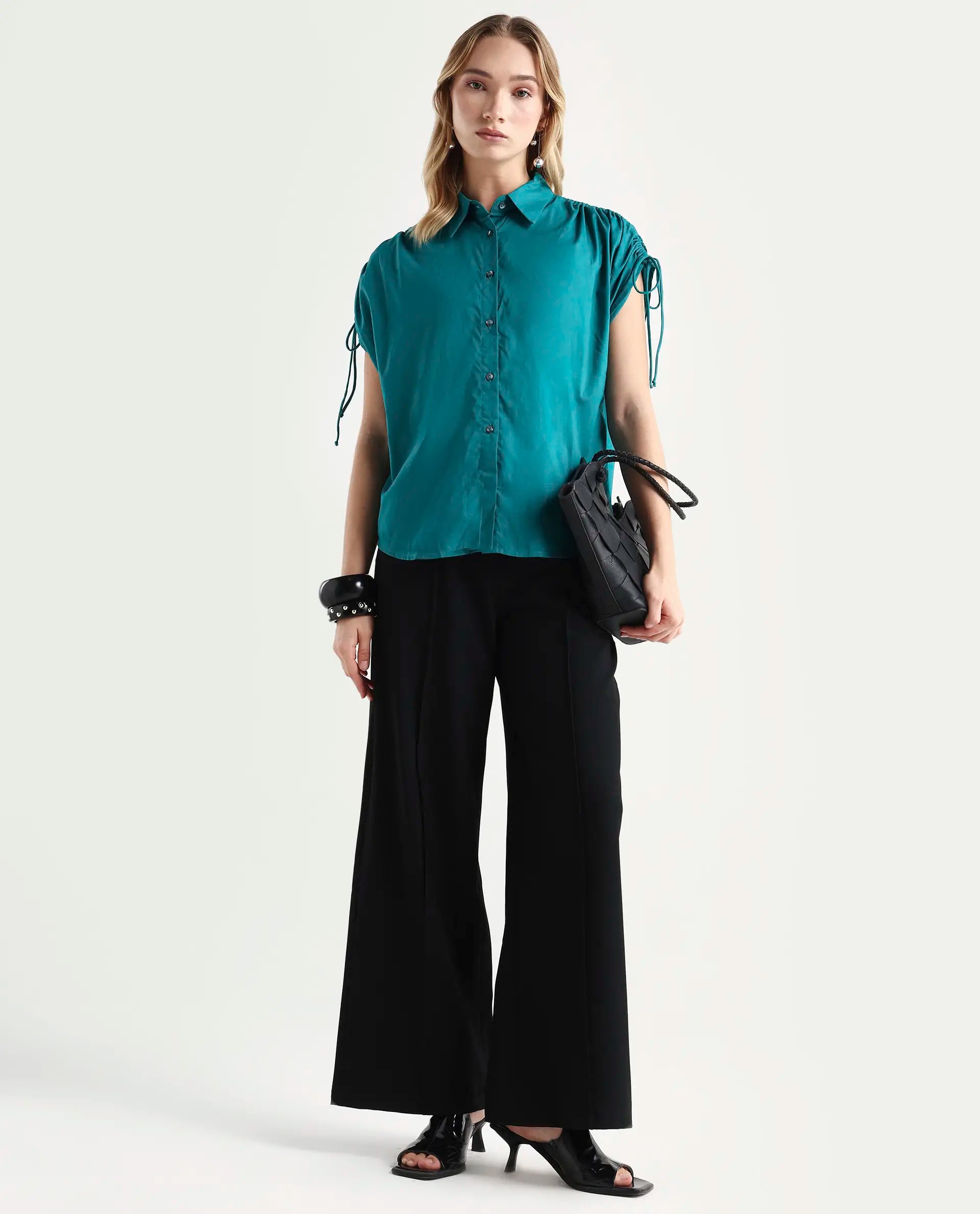 Rareism Women's Tamara Petrol Cotton Spread Collar Plain Regular Fit Top