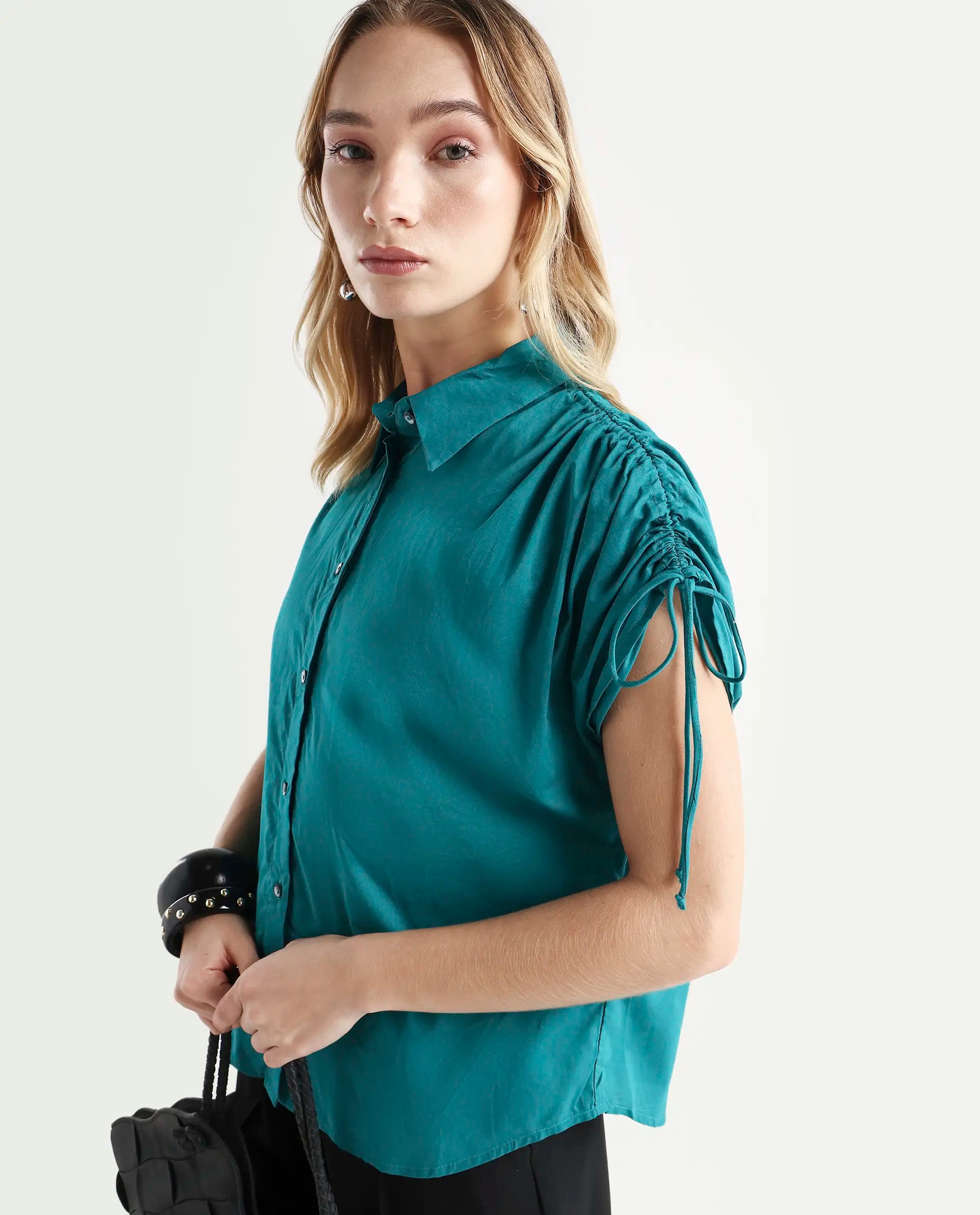 Rareism Women's Tamara Petrol Cotton Spread Collar Plain Regular Fit Top