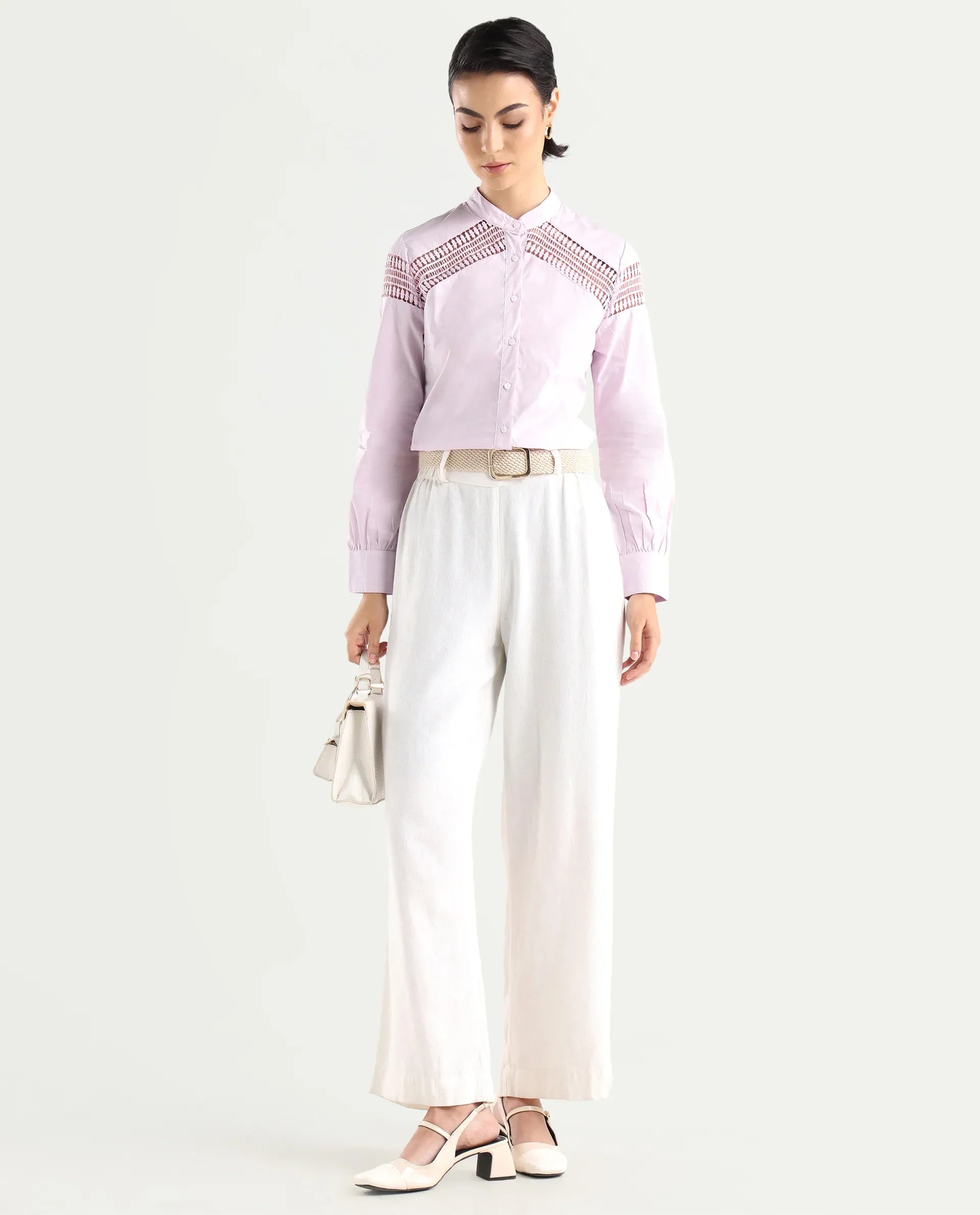 Rareism Women's Zoom Purple Cotton Mandarin Collar Plain Regular Fit Top