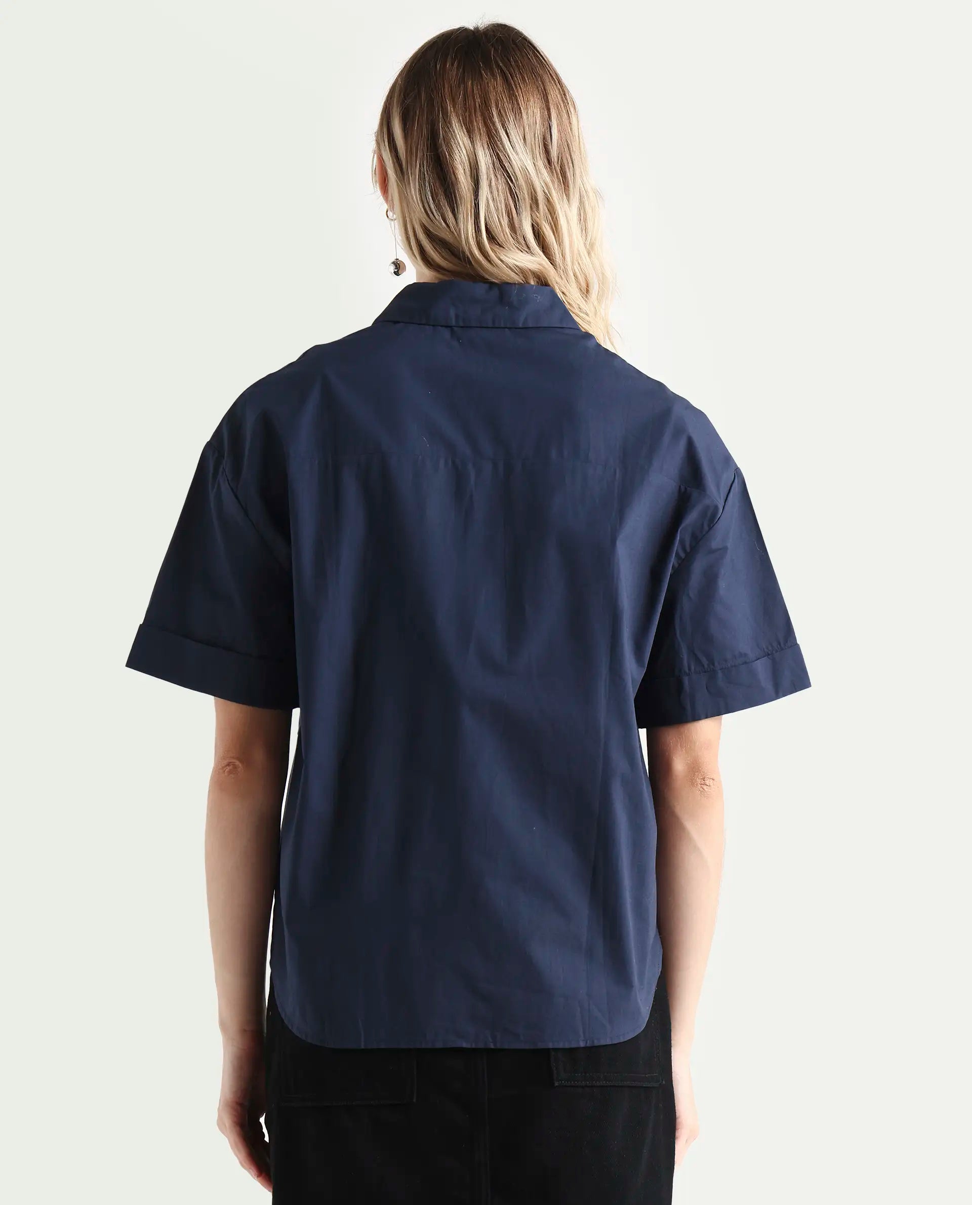 Rareism Women's Vesh Navy Cotton Spread Collar Plain Regular Fit Top
