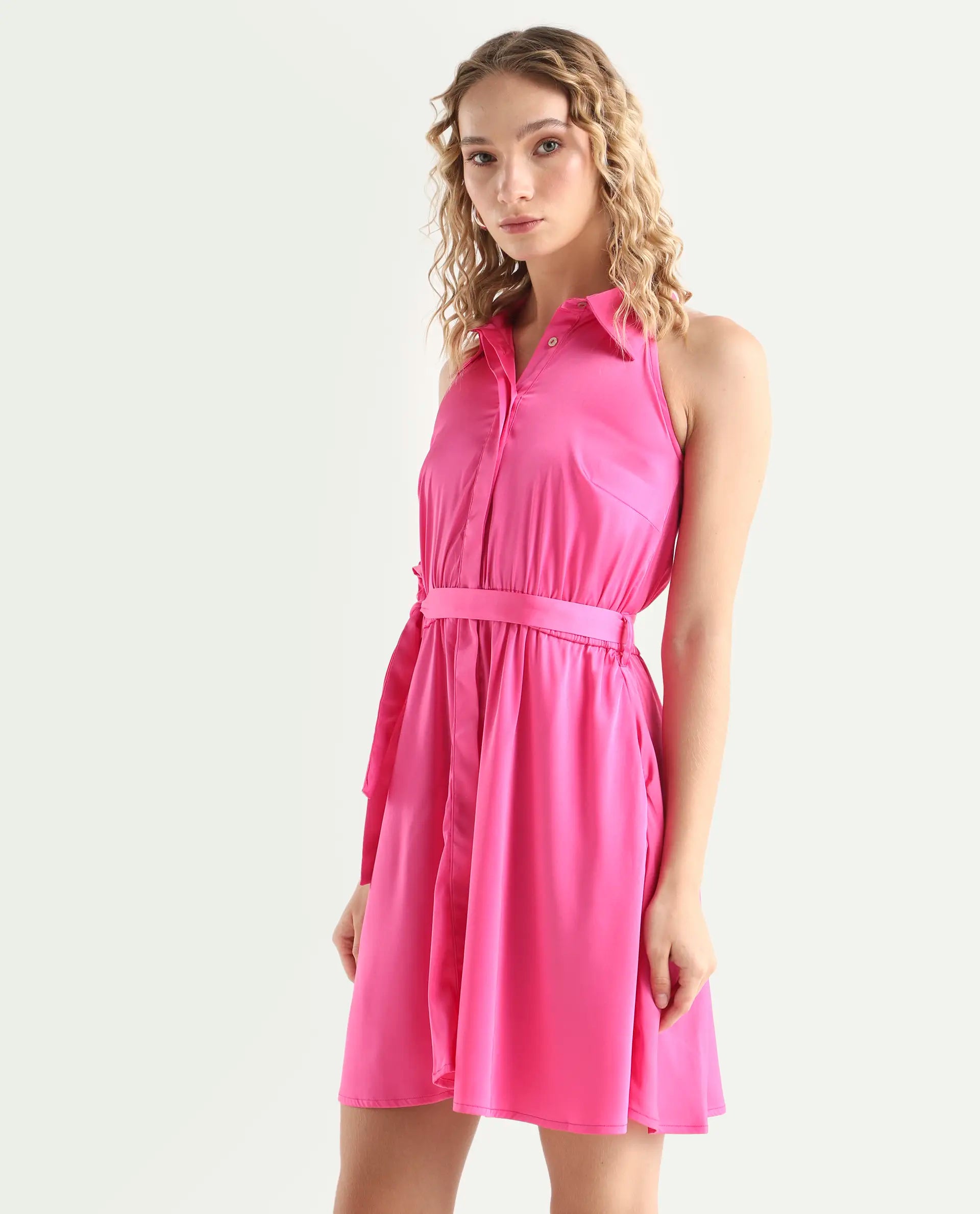 Rareism Women's Sulphur Pink Modal Blend Halter Neck Plain Sleeveless Mini Regular Fit Dress
