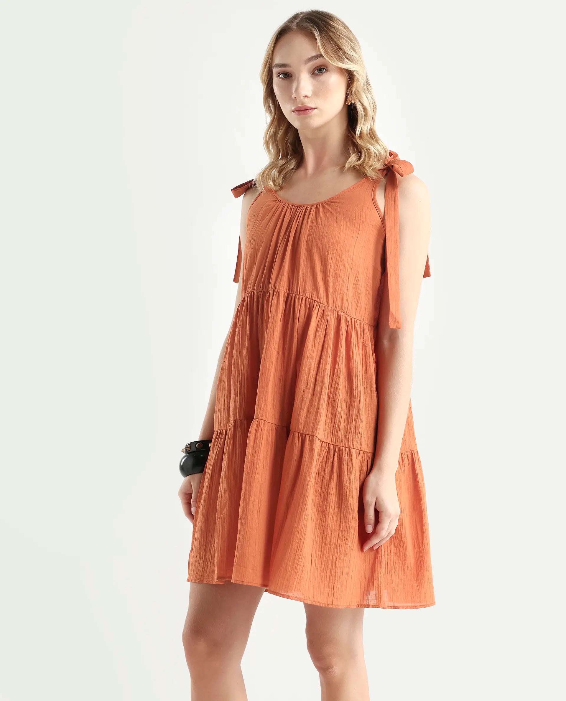 Rareism Women's Melt Rust Cotton Tie-Up Neck Plain Shoulder Strap Knee Length Regular Fit Dress