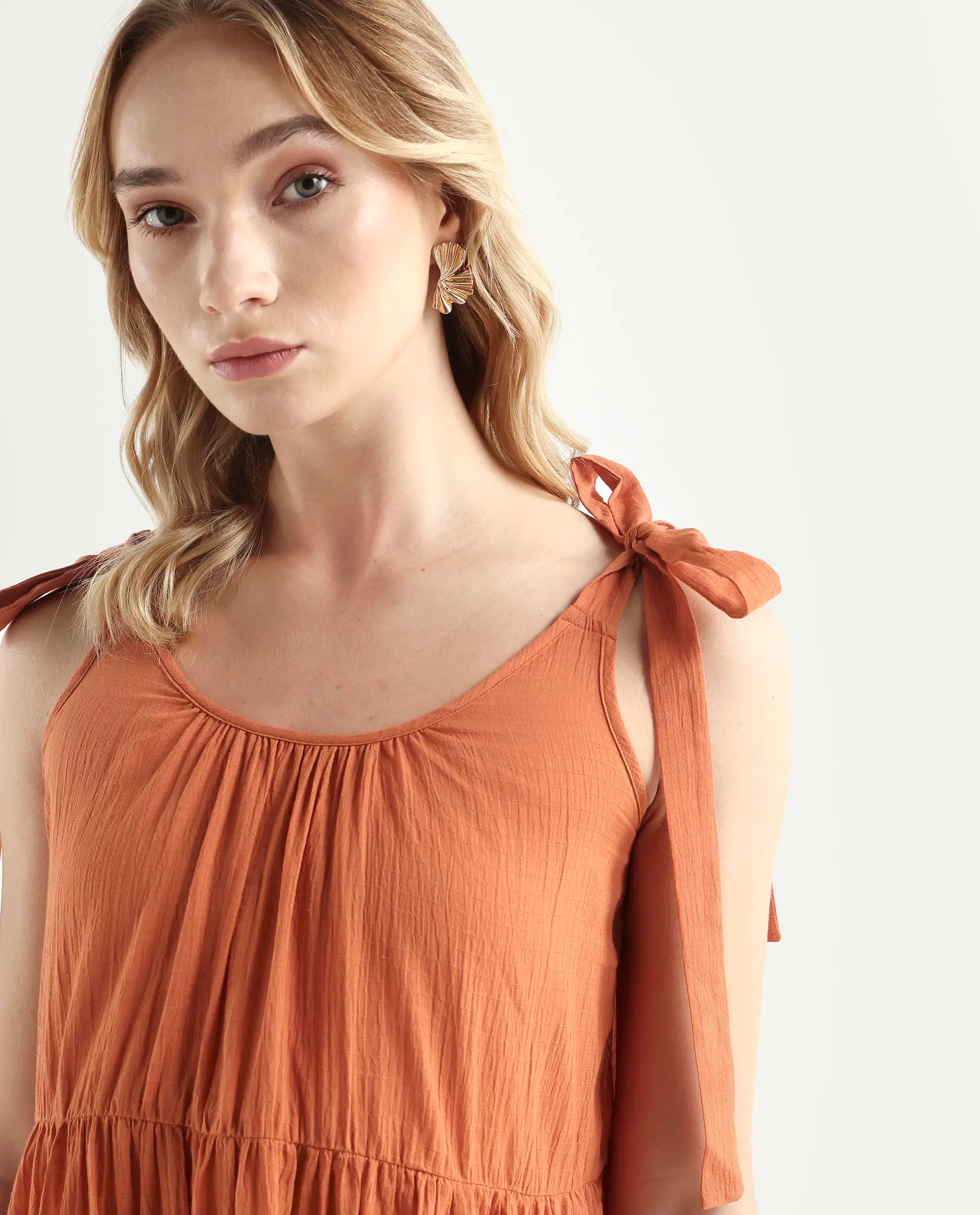 Rareism Women's Melt Rust Cotton Tie-Up Neck Plain Shoulder Strap Knee Length Regular Fit Dress