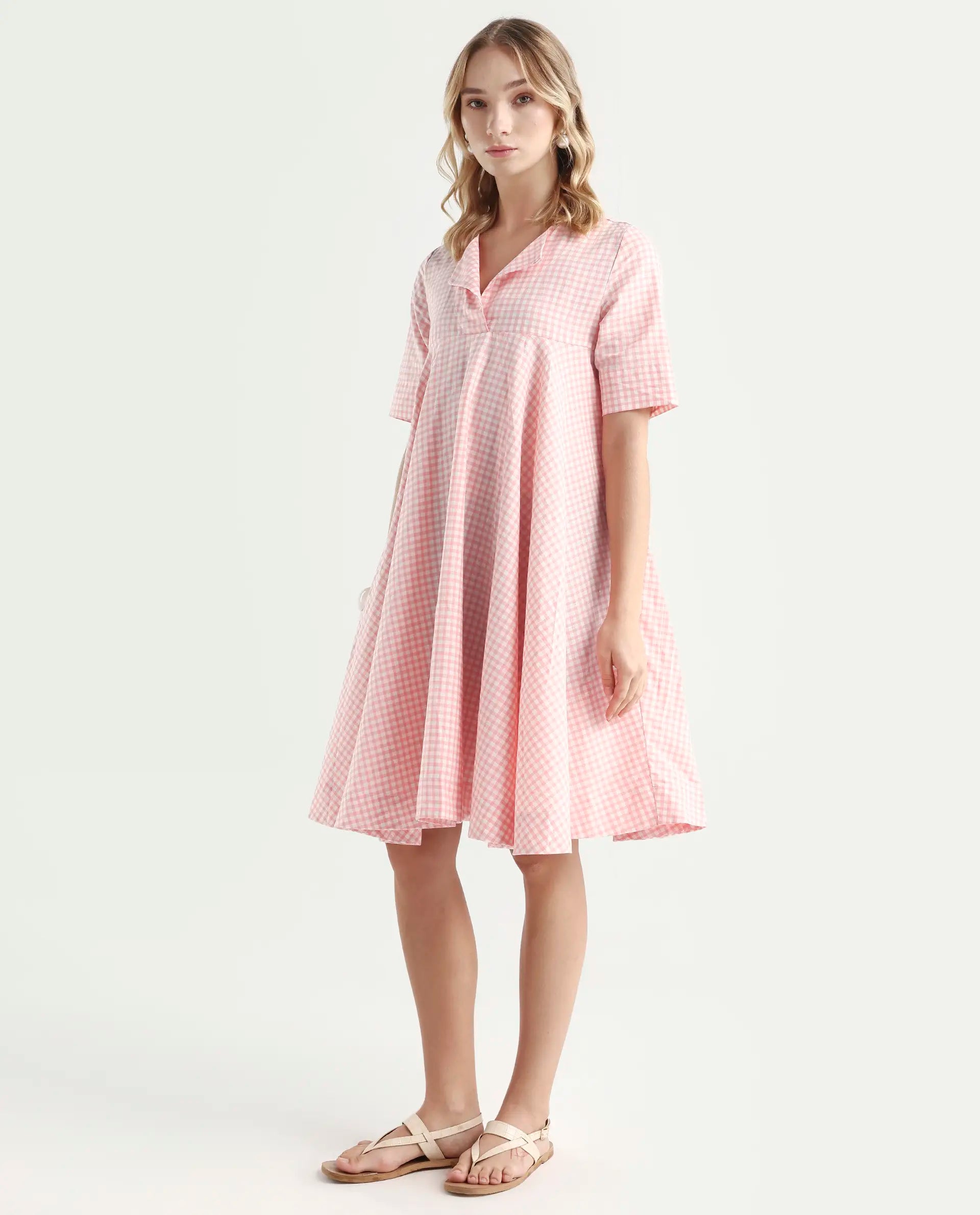Rareism Women's Omni Peach Lapel Neck Checked Knee Length Regular Fit Dress