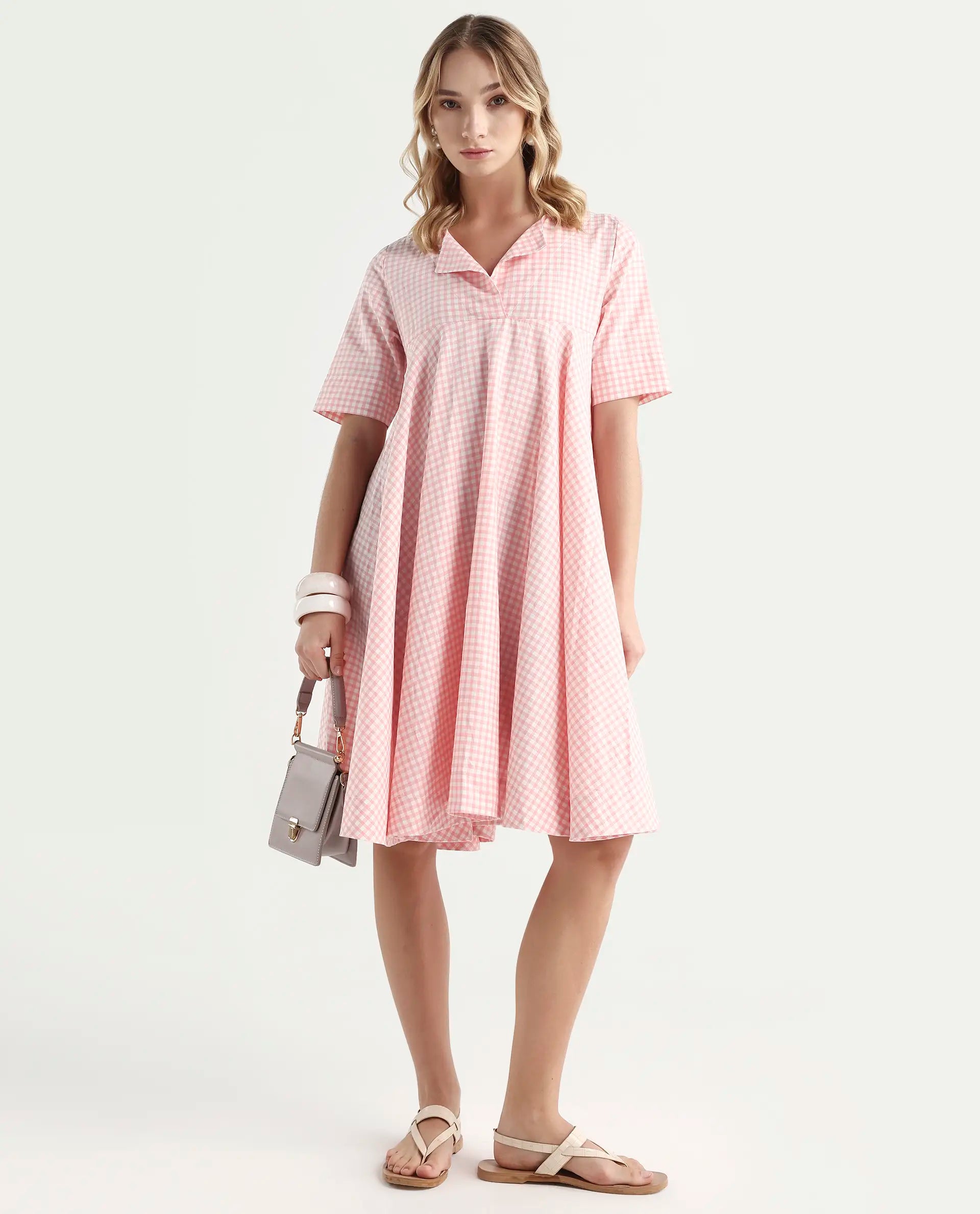 Rareism Women's Omni Peach Lapel Neck Checked Knee Length Regular Fit Dress