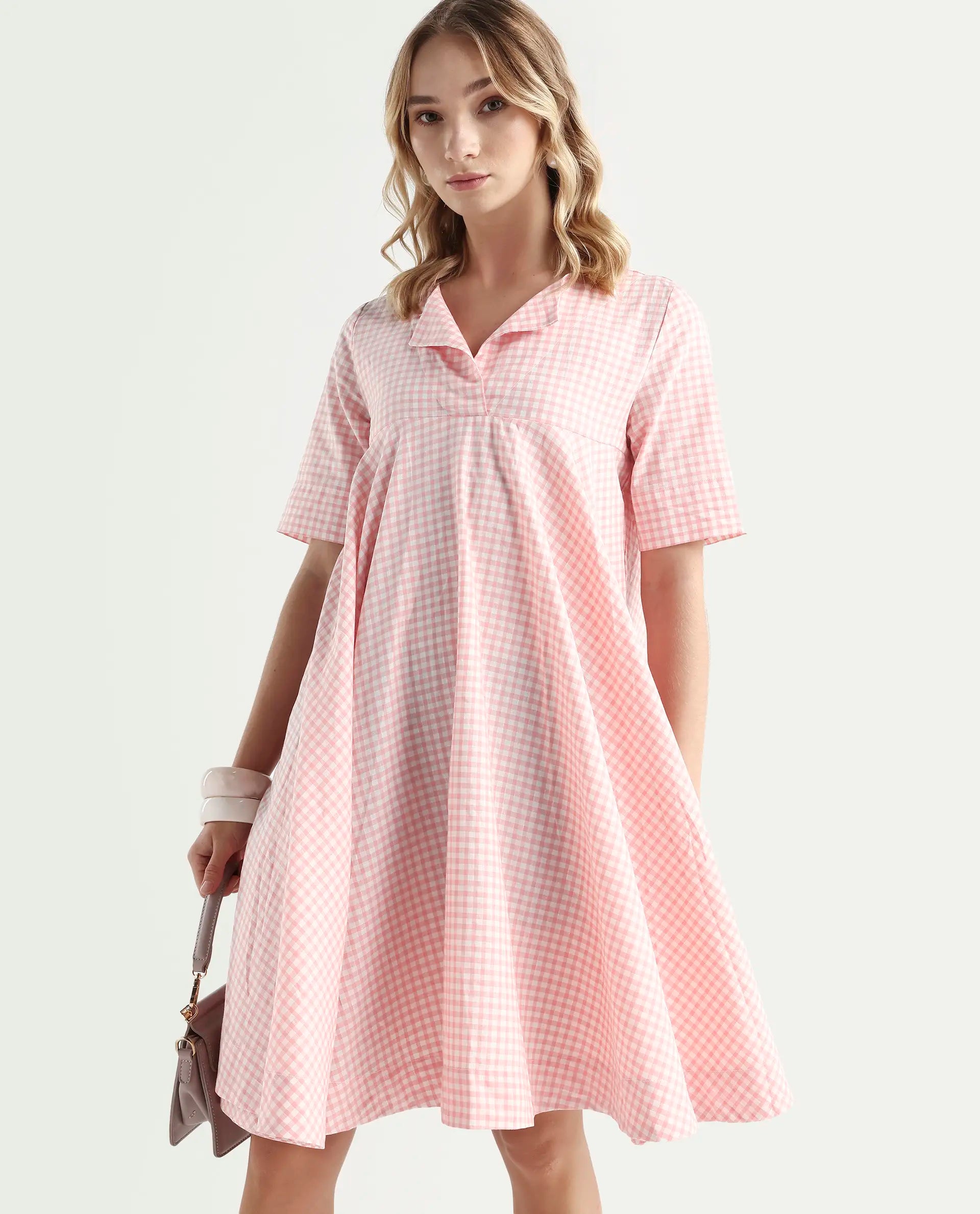 Rareism Women's Omni Peach Lapel Neck Checked Knee Length Regular Fit Dress