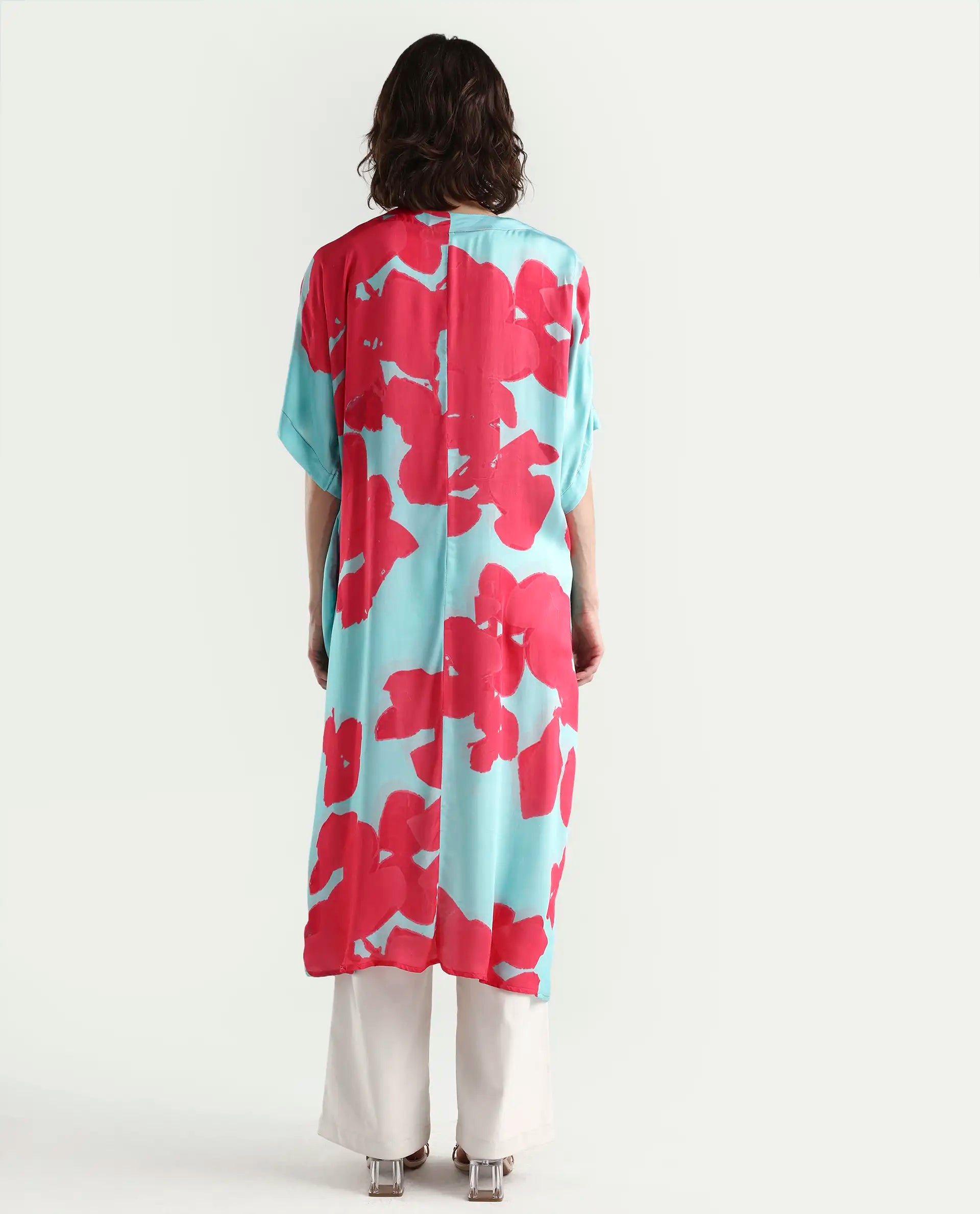 Rareism Women's Limur Turq Modal Blend Collarless Relaxed Fit Outer Wear