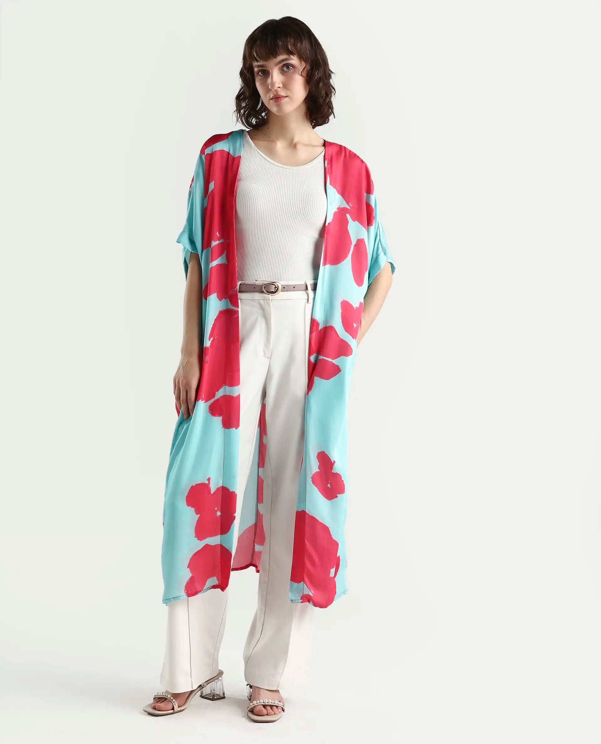 Rareism Women's Limur Turq Modal Blend Collarless Relaxed Fit Outer Wear