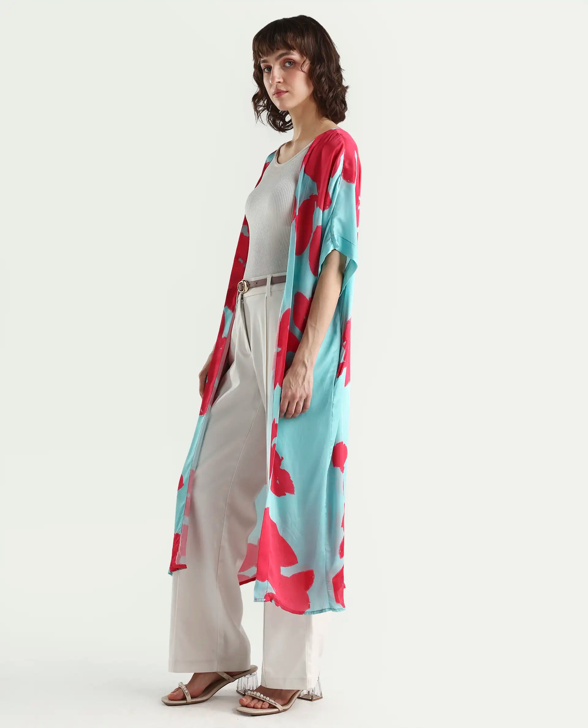 Rareism Women's Limur Turq Modal Blend Collarless Relaxed Fit Outer Wear