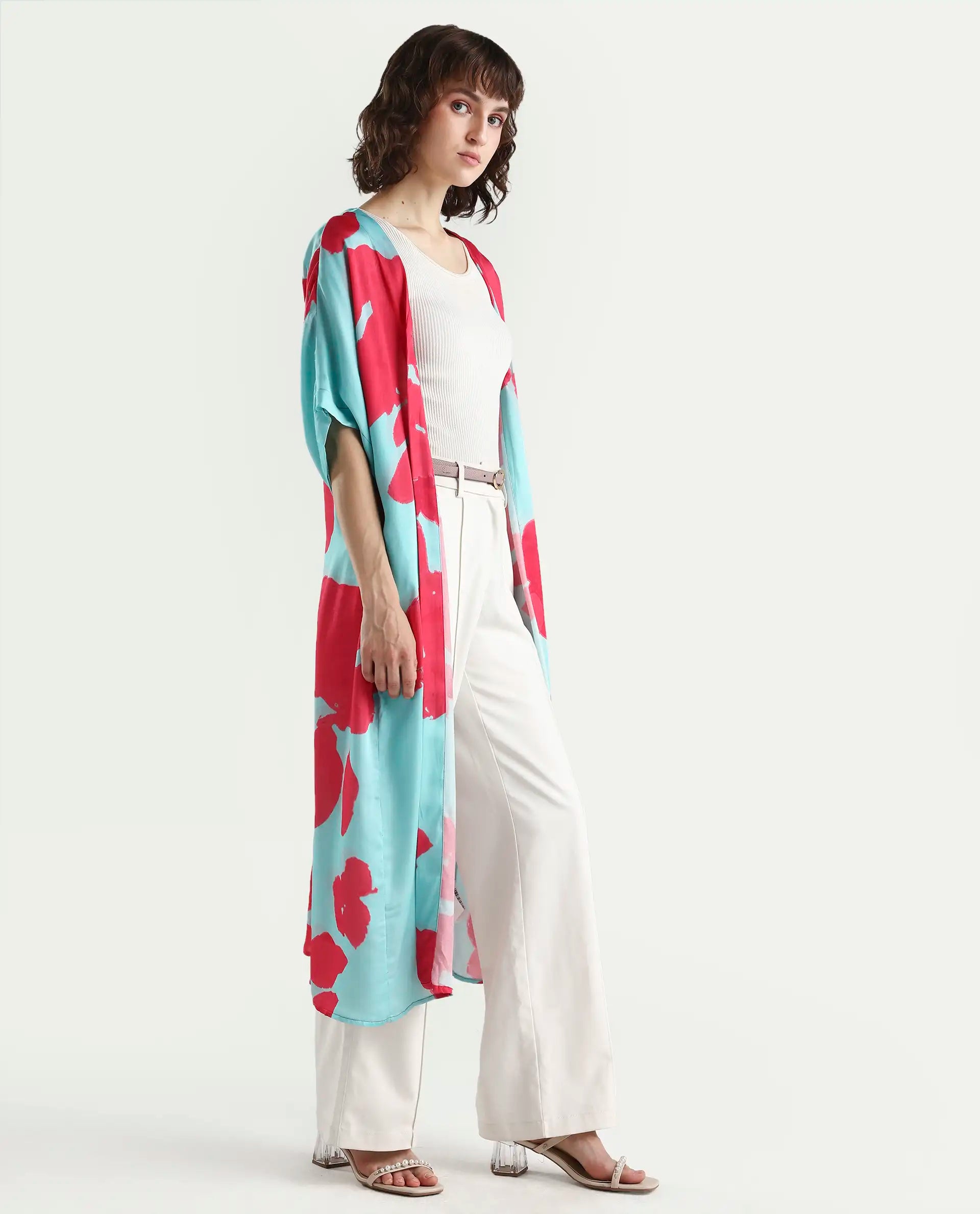 Rareism Women's Limur Turq Modal Blend Collarless Relaxed Fit Outer Wear