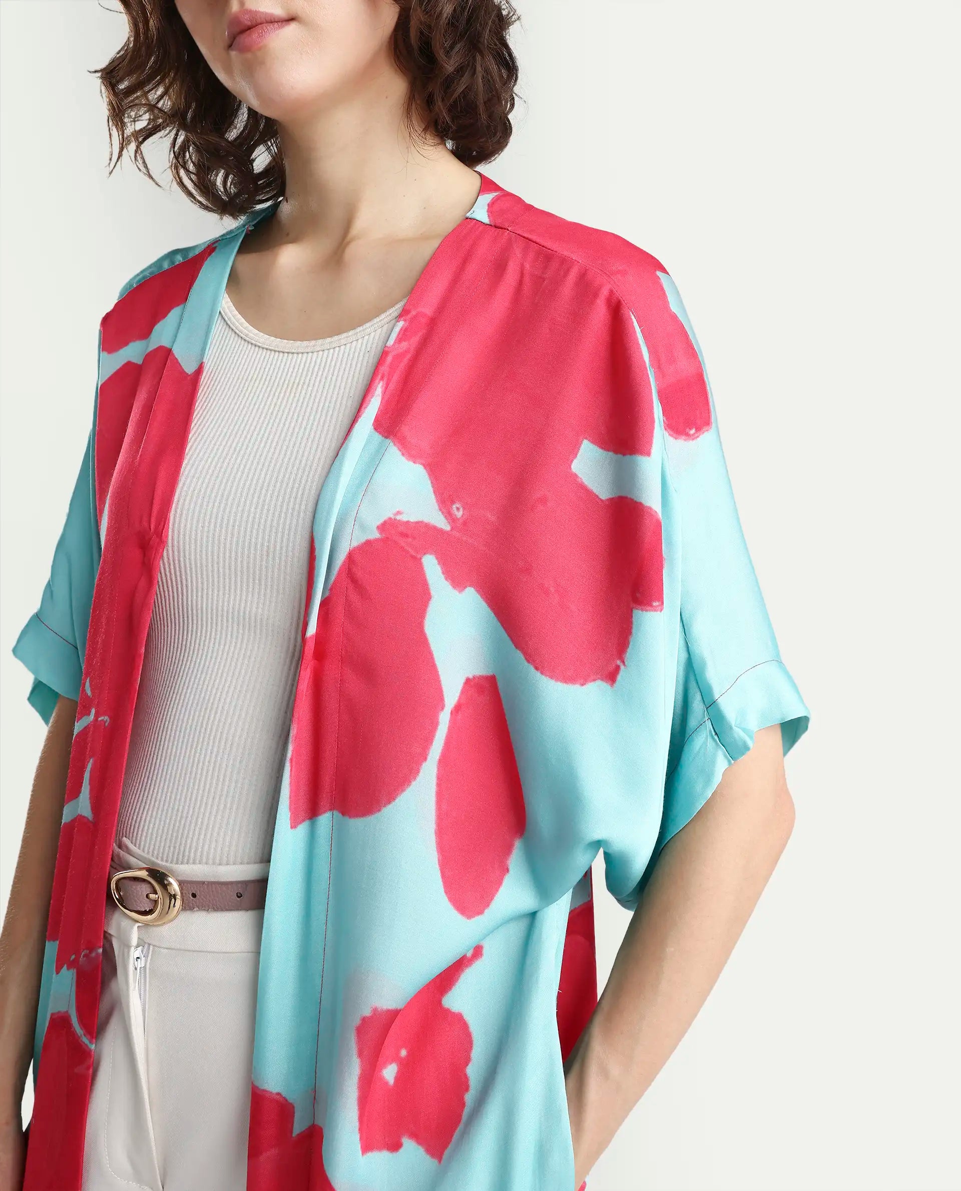 Rareism Women's Limur Turq Modal Blend Collarless Relaxed Fit Outer Wear