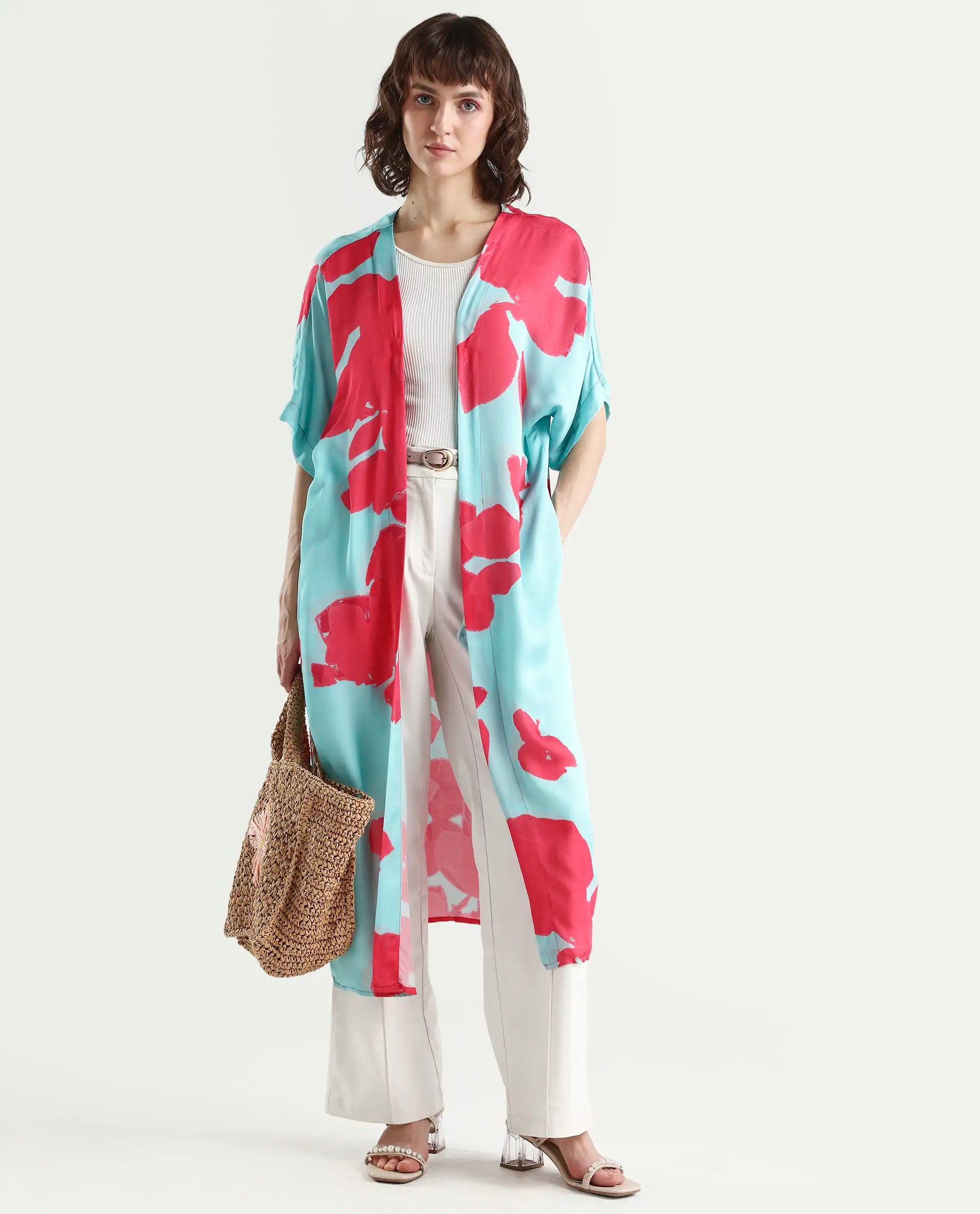 Rareism Women's Limur Turq Modal Blend Collarless Relaxed Fit Outer Wear