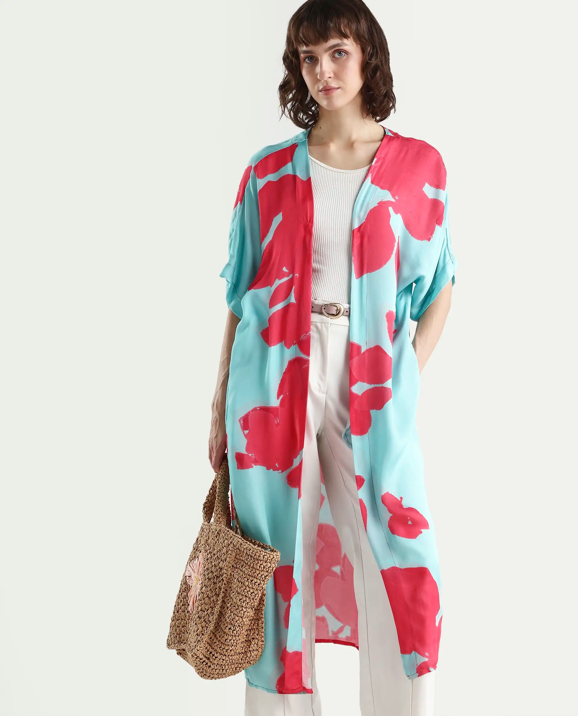 Rareism Women's Limur Turq Modal Blend Collarless Relaxed Fit Outer Wear