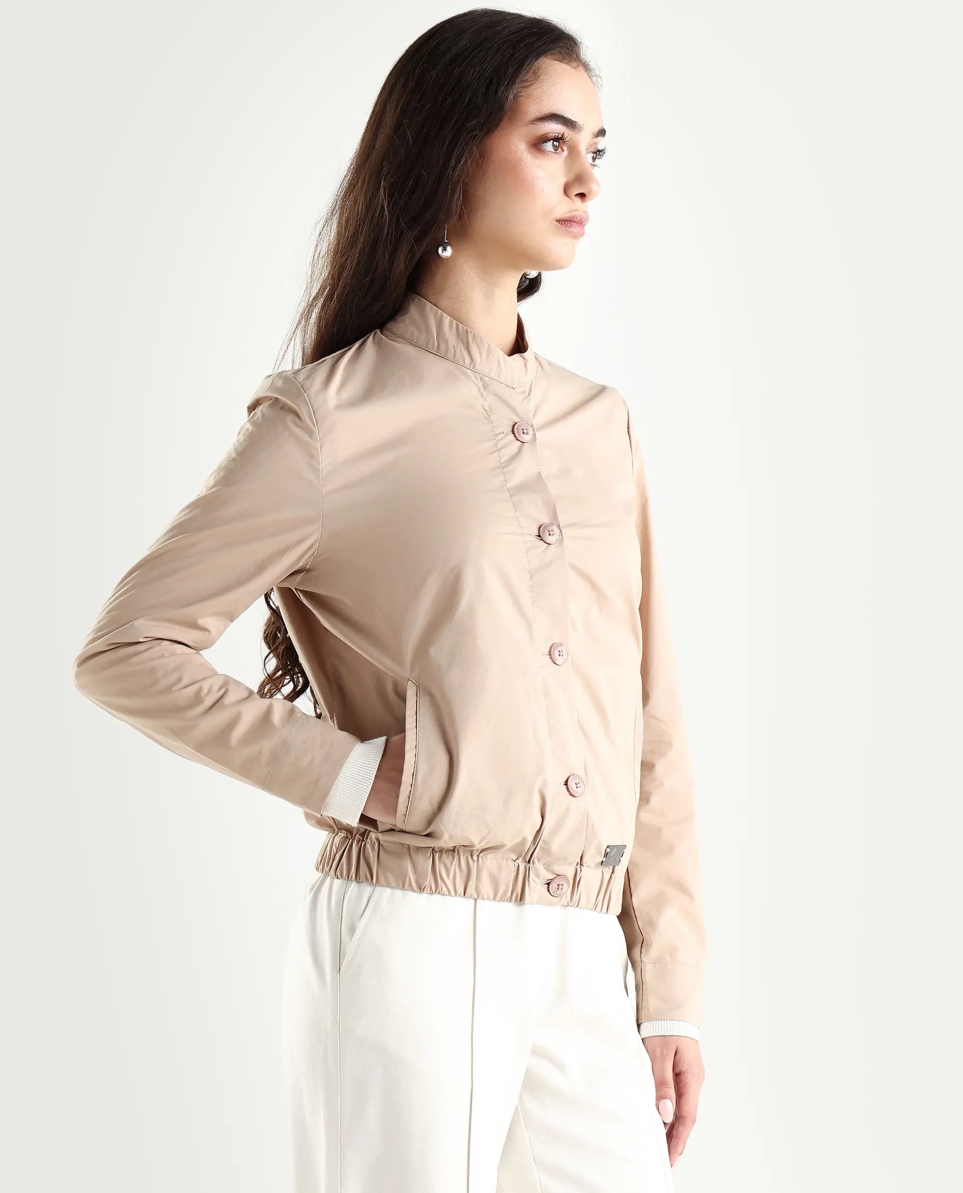 Rareism Women's Aomori Beige Polyester Blend Mandarin Collar Plain Regular Fit Jacket