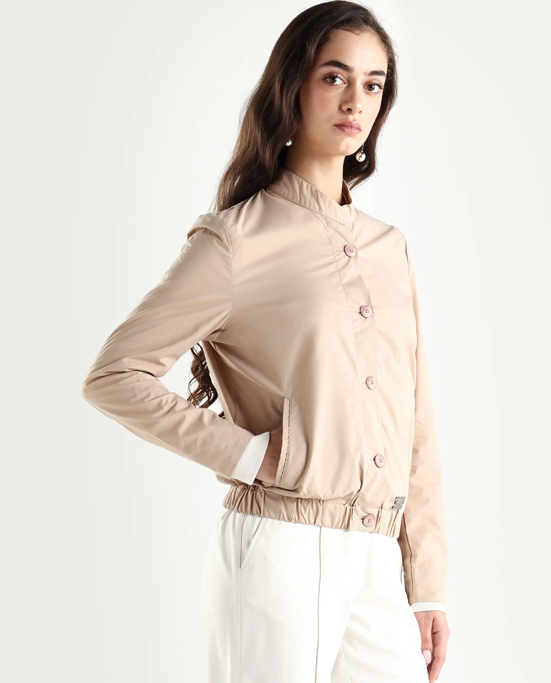 Rareism Women's Aomori Beige Polyester Blend Mandarin Collar Plain Regular Fit Jacket